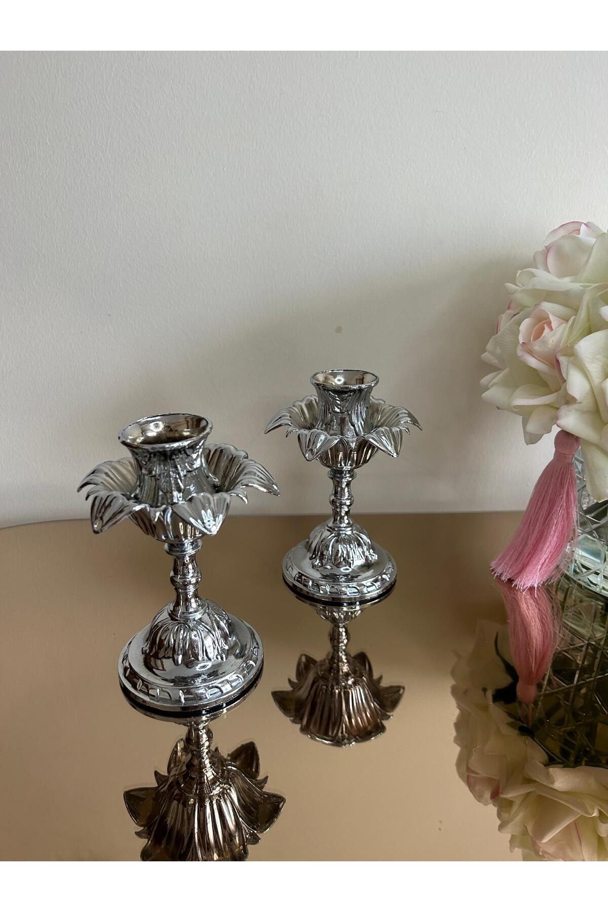 vanilya accessory GÜMÜŞ RENK İKİLİ ELEGAN ŞAMDAN