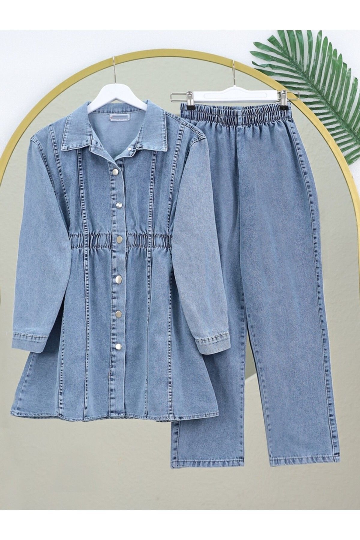 HİJABAYA Beli Lastikli Boydan Düğmeli Ceket Pantolon Kot Takım
