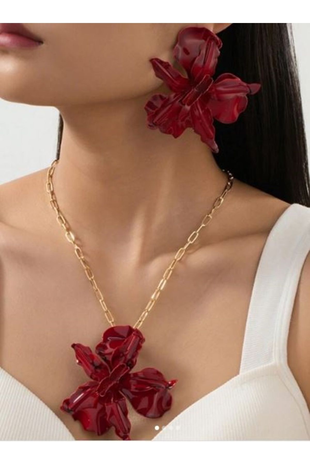 mos&more Kırmızı Metal Çiçekli Kolye ve Küpe Seti, 3 lü Set