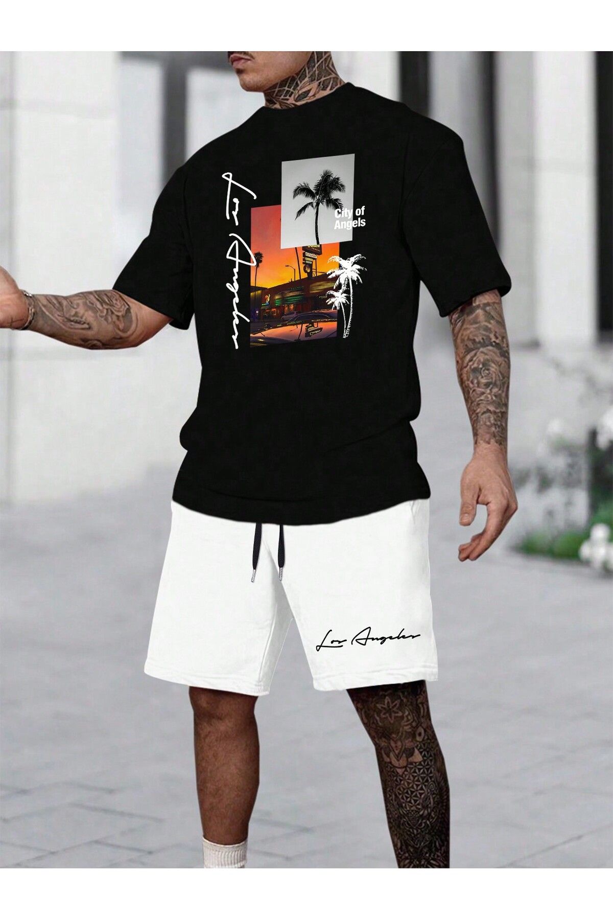 aynewmoda Erkek Yazlık Rahat Kısa Kollu Palmiye Ağacı Harf Baskılı T-Shirt Bağcıklı Bel Şort Takımı