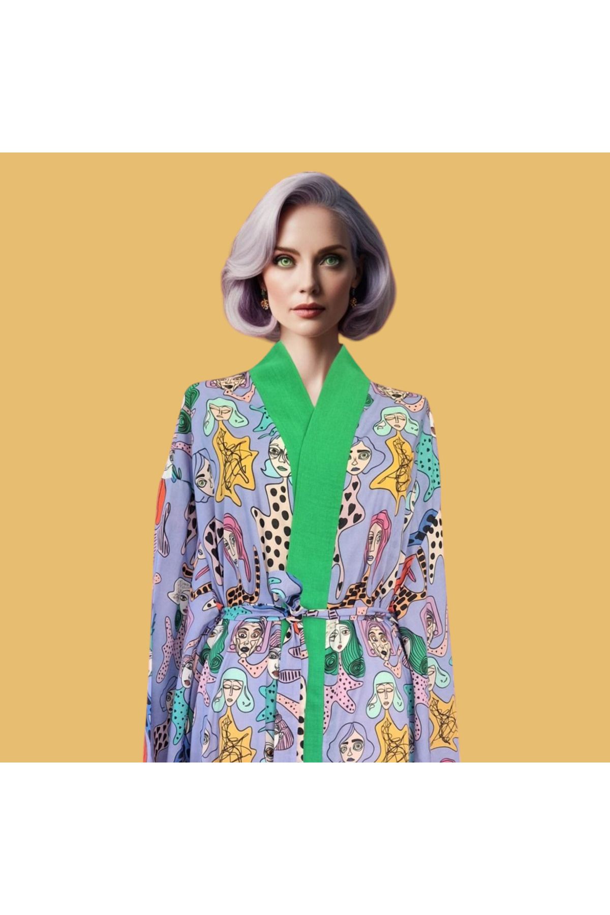 Hoyaa Bella Design Mor Renk Özel Tasarım Uzun %100 Pamuk Kimono