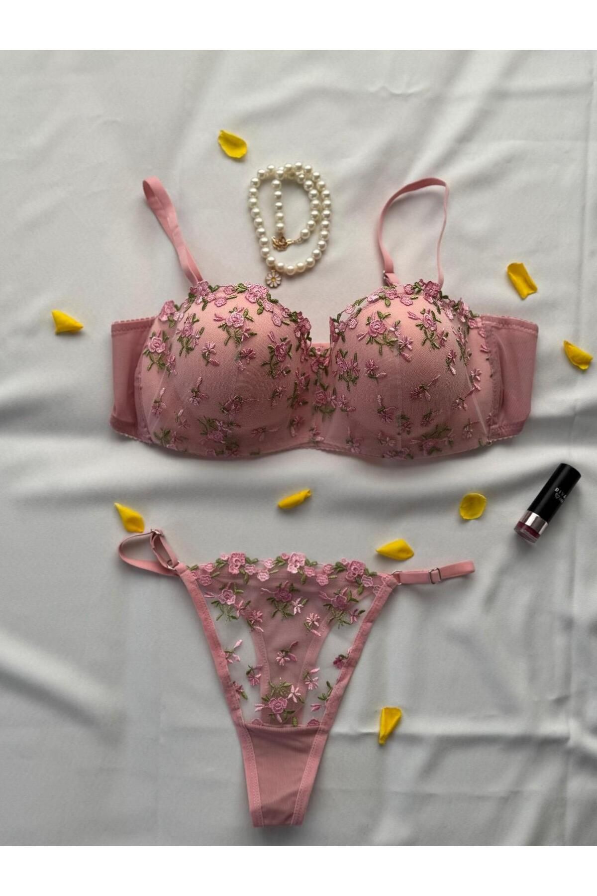 unbranded Privée Pembe Dantelli Çiçekli Brode Takım