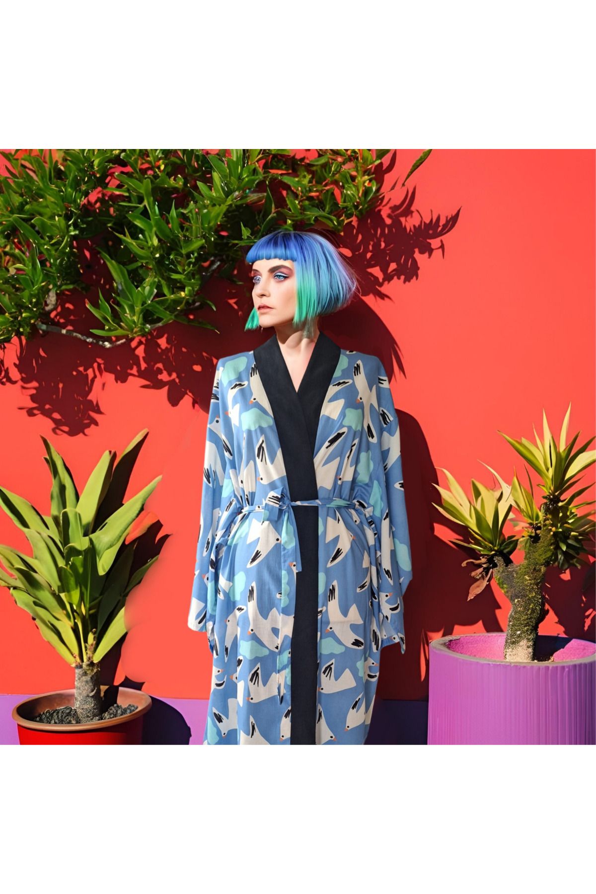 Hoyaa Bella Design Mavi Renk Özel Tasarım Uzun %100 Pamuk Kimono