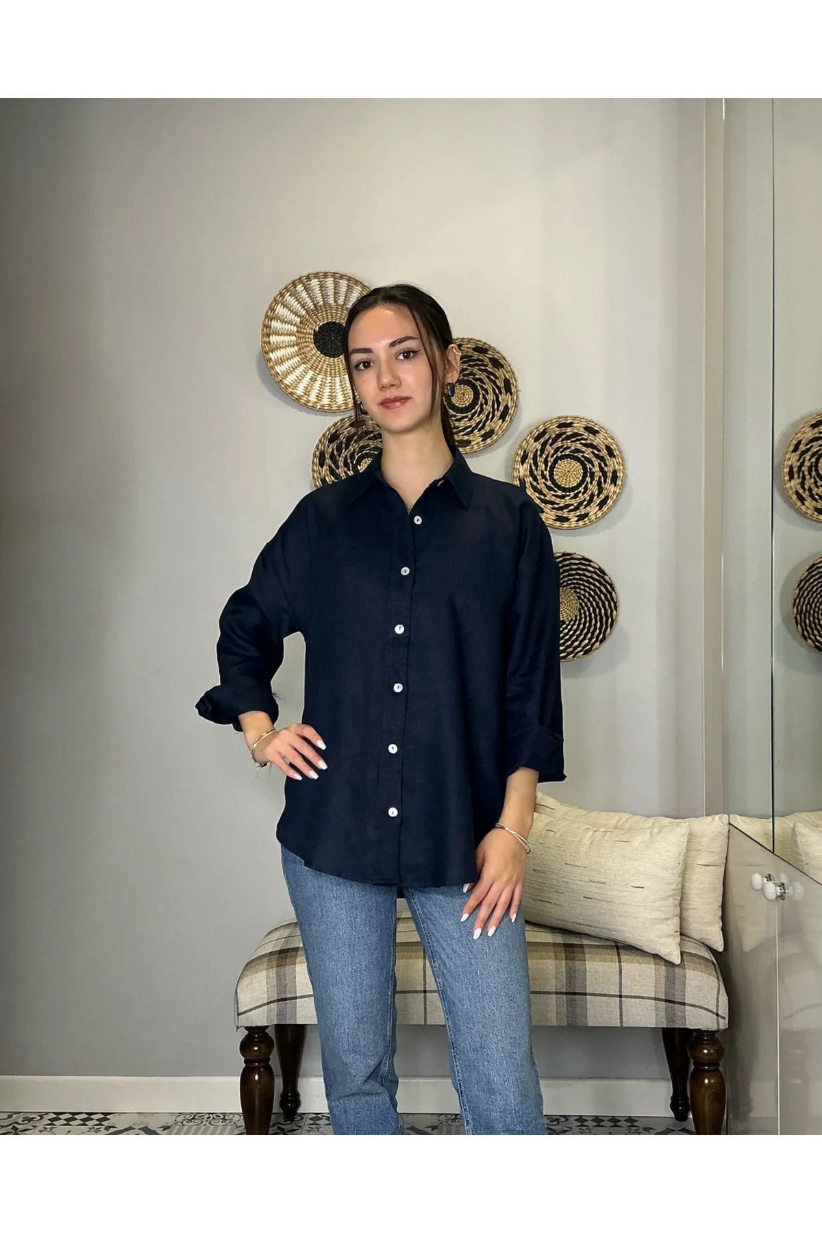 saze butik KETEN LACİVERT GÖMLEK