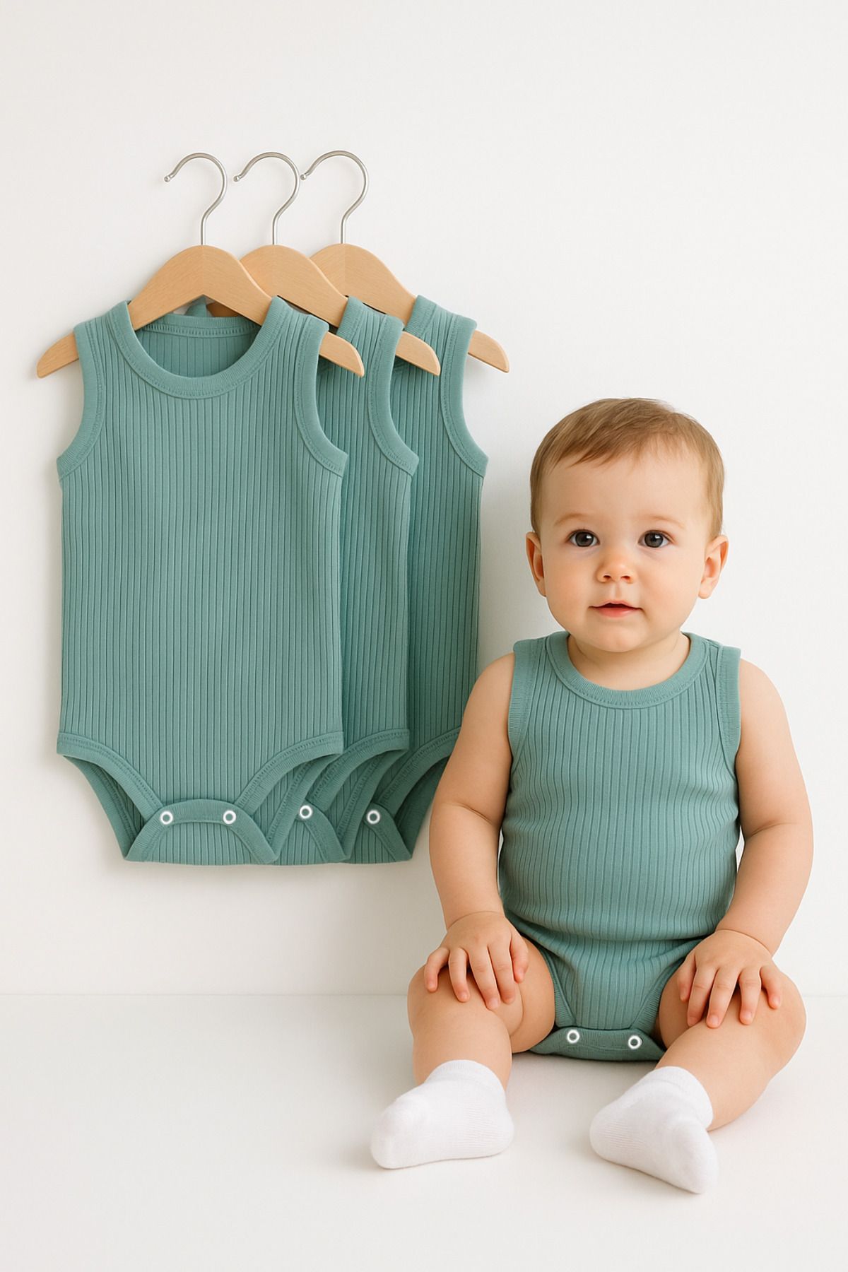 Trend Bebe Butik 3’lü Fitilli Ribana Çıtçıtlı Bebek Zıbın | Kolsuz Yazlık Pamuklu Body Seti | Unisex Bebek Badi Tulum