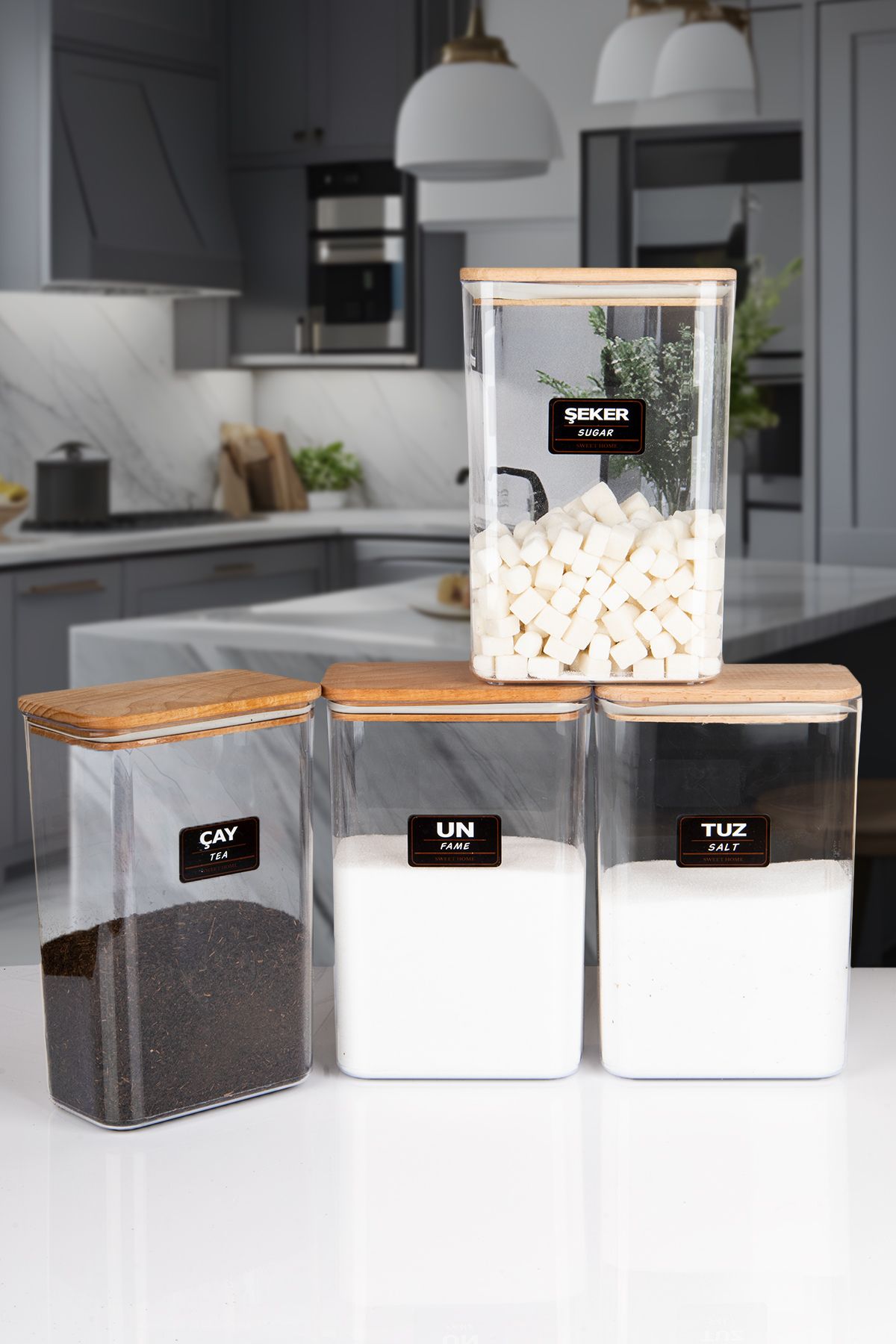 naturelove 4 Lü Ahşap Vakumlu Kapaklı Akrilik Un Tuz Çay Şeker Saklama Kavanozu Kabı ve Kutusu 3 Litre ETİKETLİ