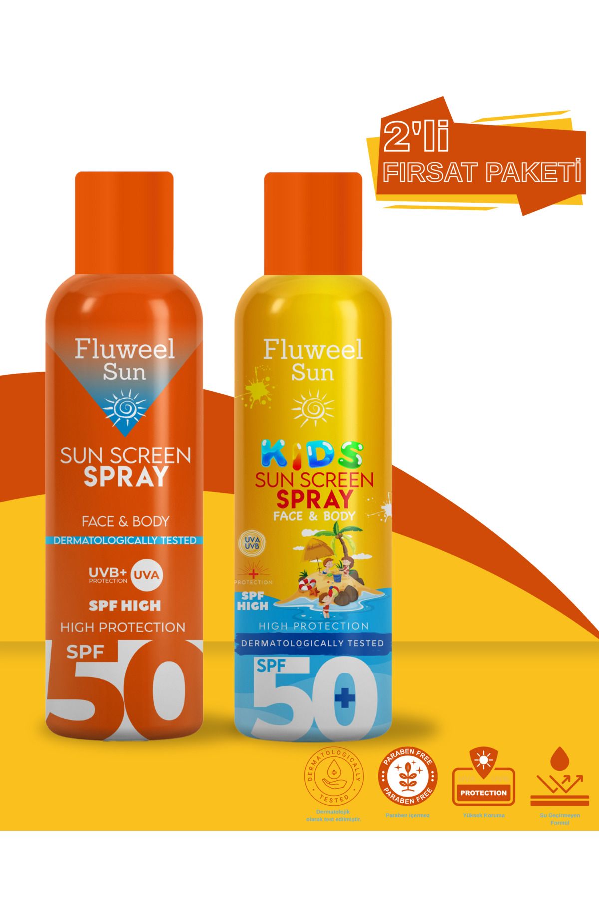 Fluweel Aerosol Güneş Koruyucu Transparan Sprey 50 SPF & Çocuk Sprey Kids 50+ SPF 200 ml 2'li Paket