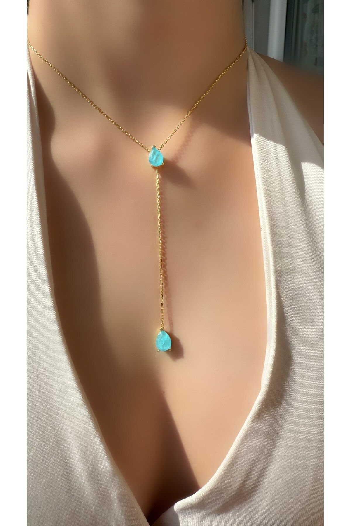 Luna Argento KİBAR VE ZARİF MAVİ PARAİBA DAMLA MODEL Y KOLYE