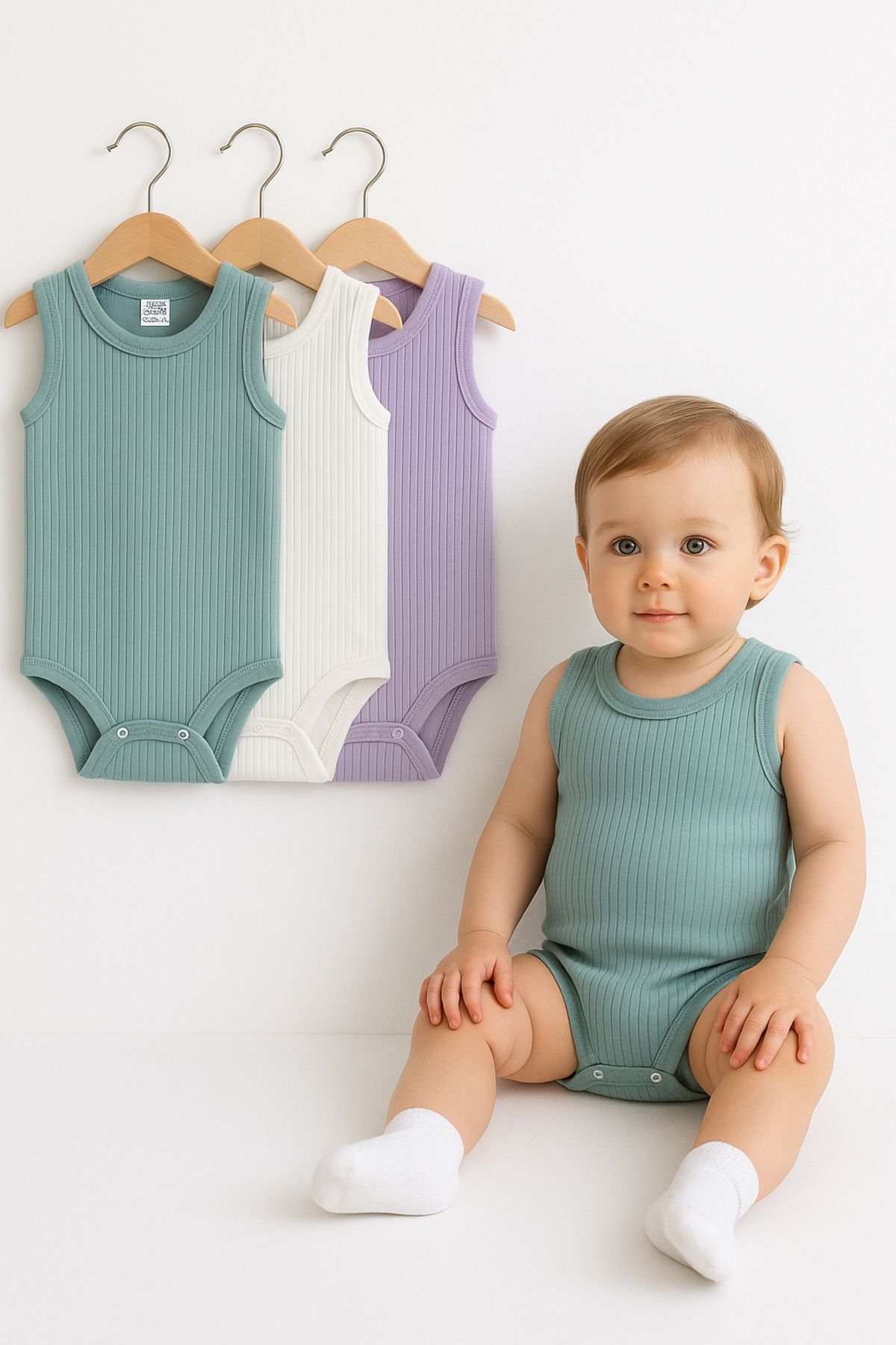 Trend Bebe Butik 3’lü Fitilli Yeşil-Beyaz-Lila Bebek Zıbın Seti %100 Pamuk Kolsuz Yazlık Body Unisex Çıtçıtlı Ribana
