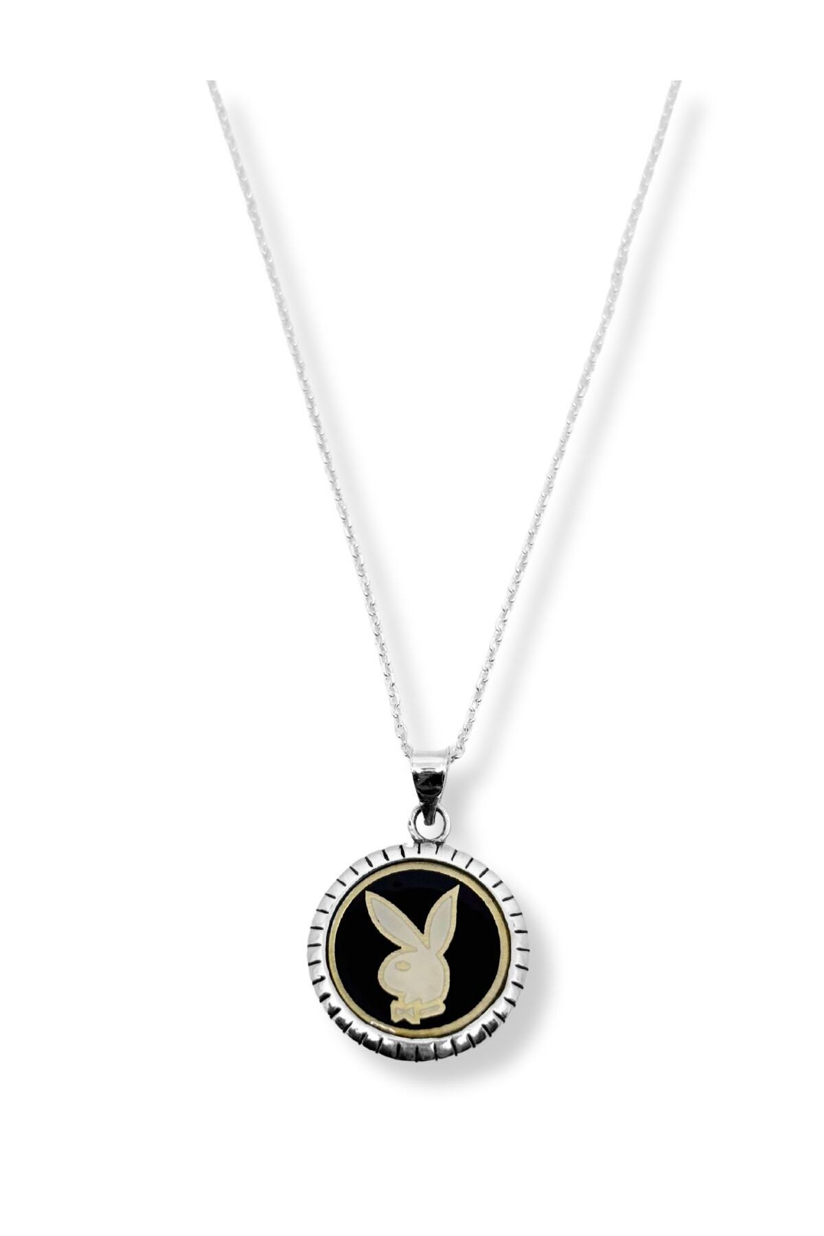 oya silver Plaka Playboy Gümüş Kolye 2x2 CM