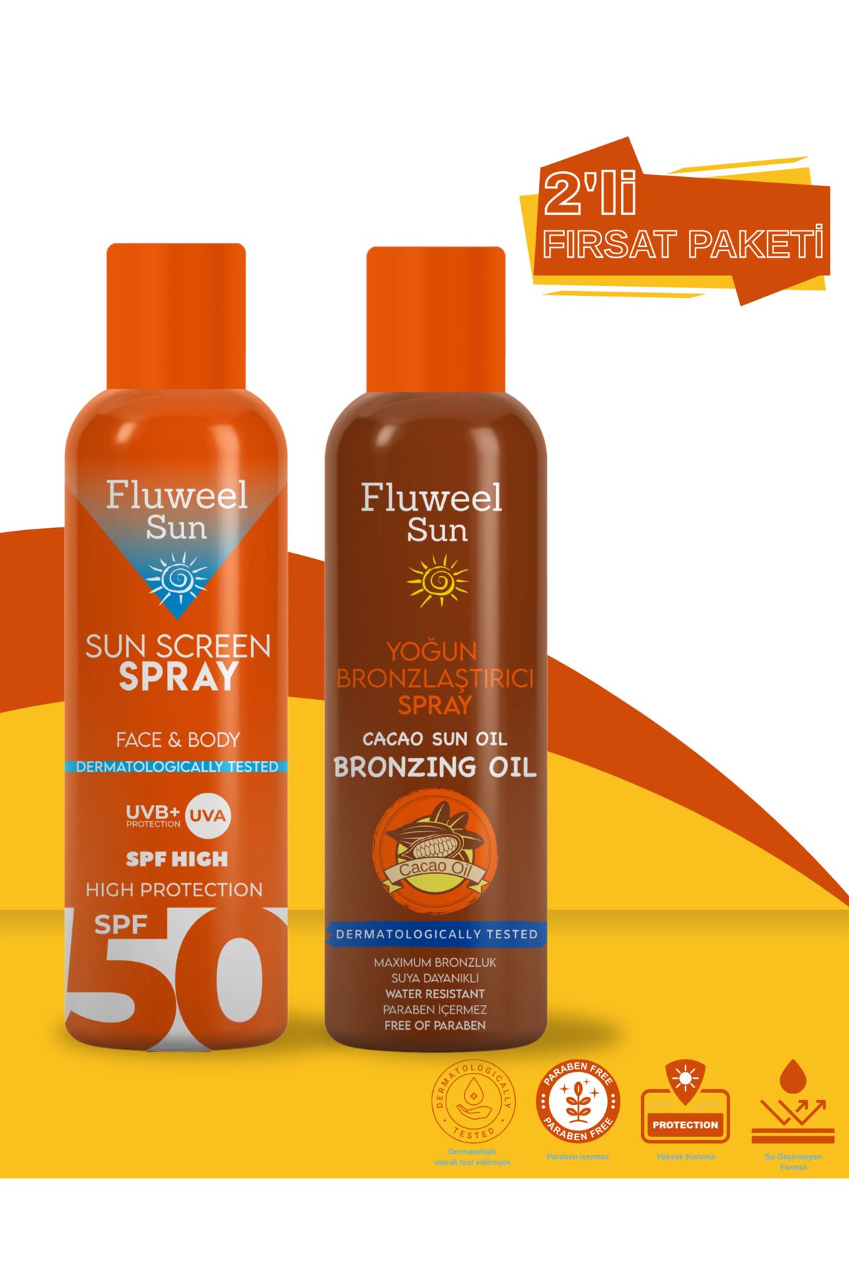 Fluweel Aerosol Güneş Koruyucu Sprey 50 Spf&Yoğun Bronzlaştırıcı Sprey Kakao Yağı 200 ml 2'li Paket