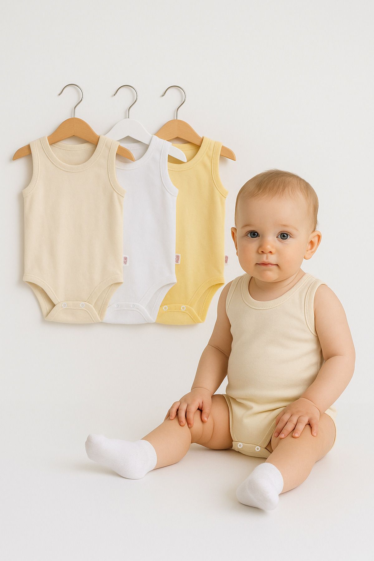 Trend Bebe Butik 3’lü Bej-Beyaz-Sarı Bebek Zıbın Seti | Pamuklu Kolsuz Çıtçıtlı Yazlık Body | Unisex Bebek Badi