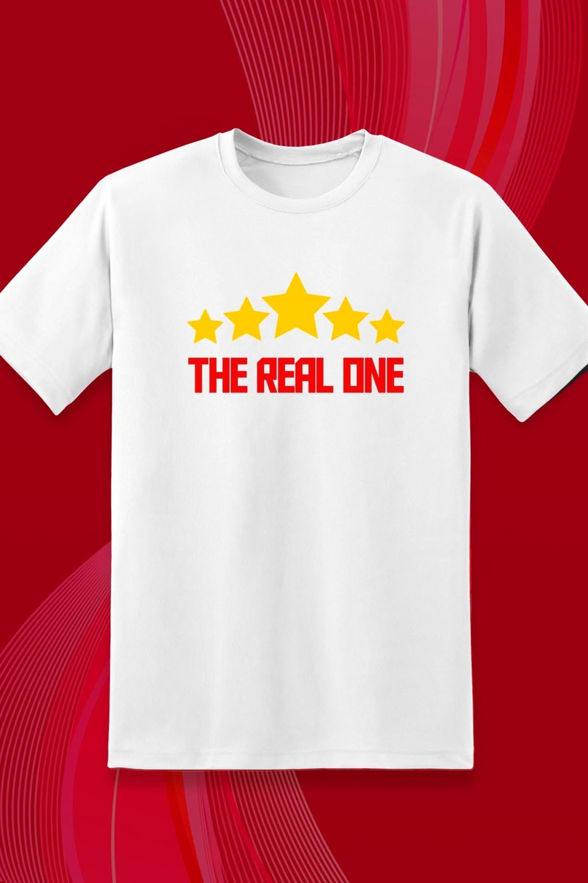 362BASKI The Real One 5 Yıldız Sarı Kırmızı Taraftar Şampiyonluk Temalı Baskılı Tshirt