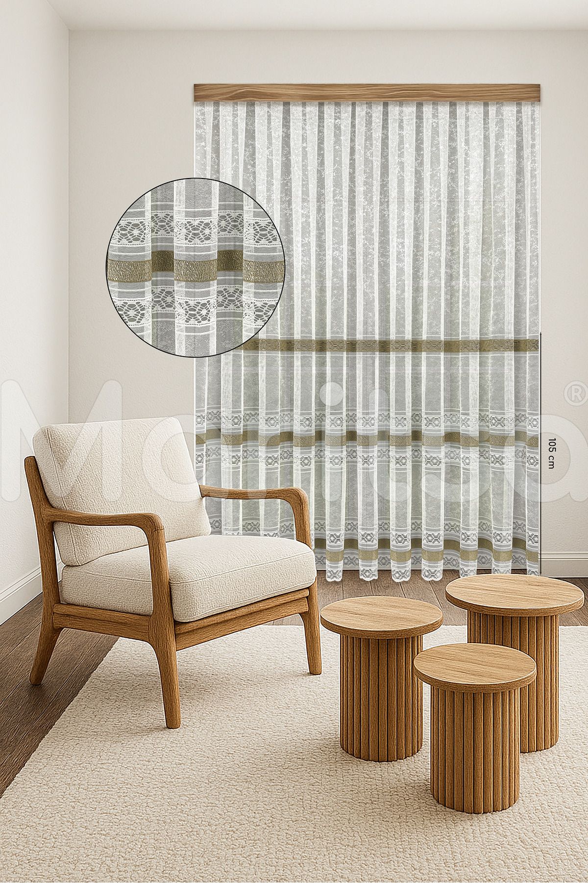 MARİTSA Tül Perde - Örme Serisi Modern Klasik Gold Dantel Detaylı Sera Desen Ekru Sık Pile(1x3) Curtain