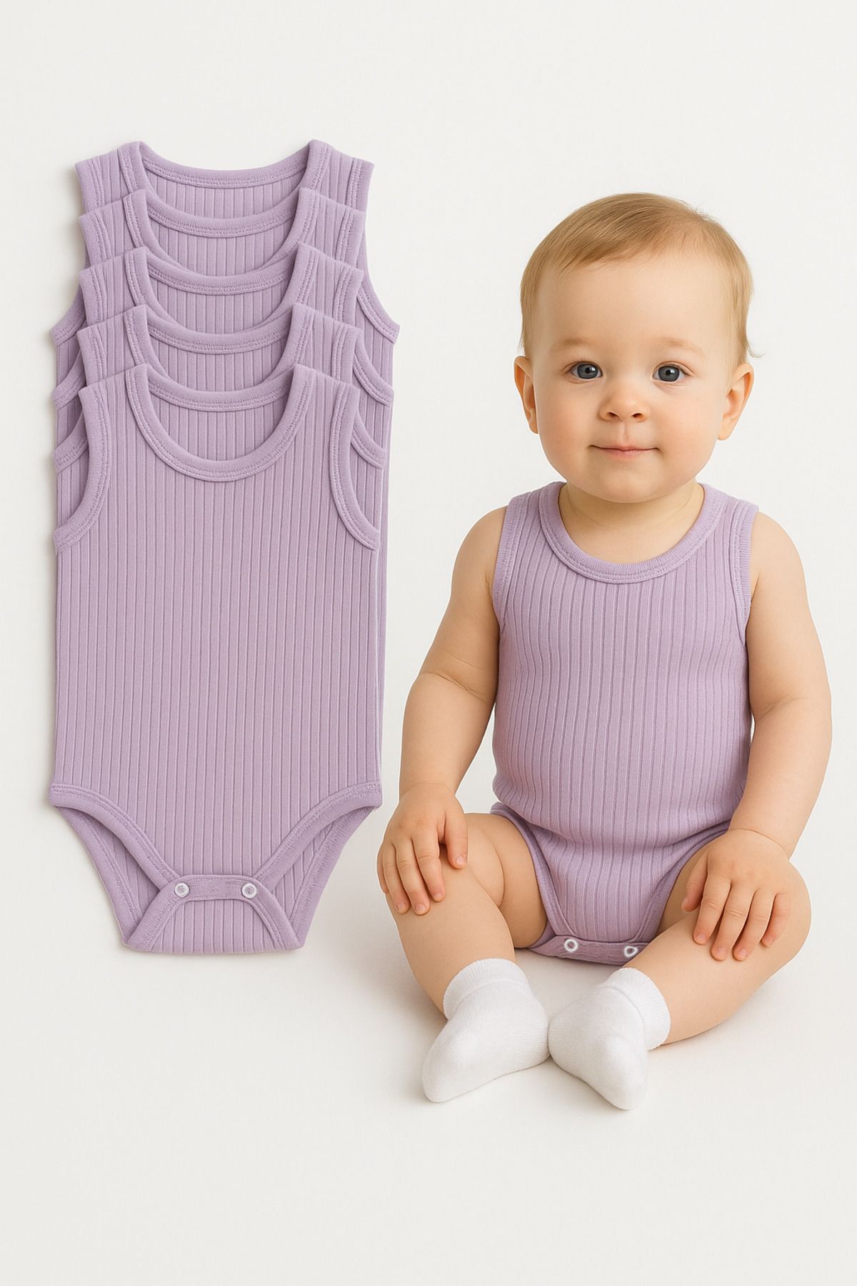 Trend Bebe Butik 5'li Fitilli Çıtçıtlı Bebek Zıbın Seti Pamuklu Atlet Body Yazlık Kolsuz Bebek Zıbın Tulum Ribana