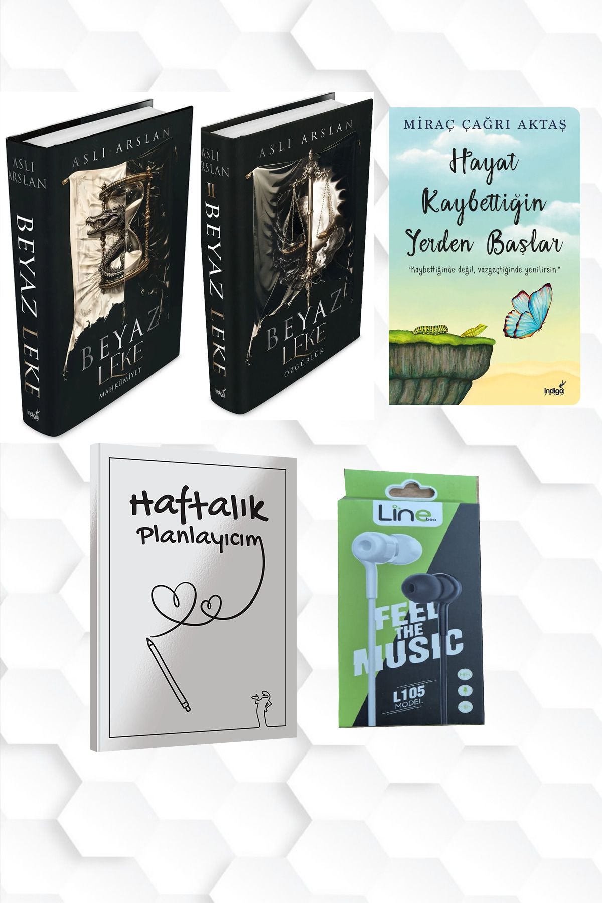 İndigo Kitap CİLTLİ-BEYAZ LEKE 1 VE 2-HAYAT KAYBETTİĞİN YERDEN BAŞLAR+HAFTALIK PLANLAYICIM (52 HAFTA) KULAKLIK