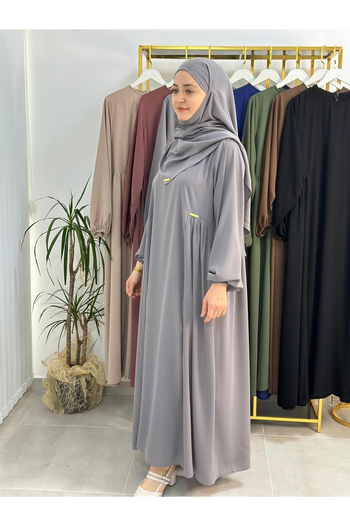 erasra class-Gray Color Ferace and Abaya Souffle Set - Side Robe Dress, Suitable for Hajj and Umrah 6