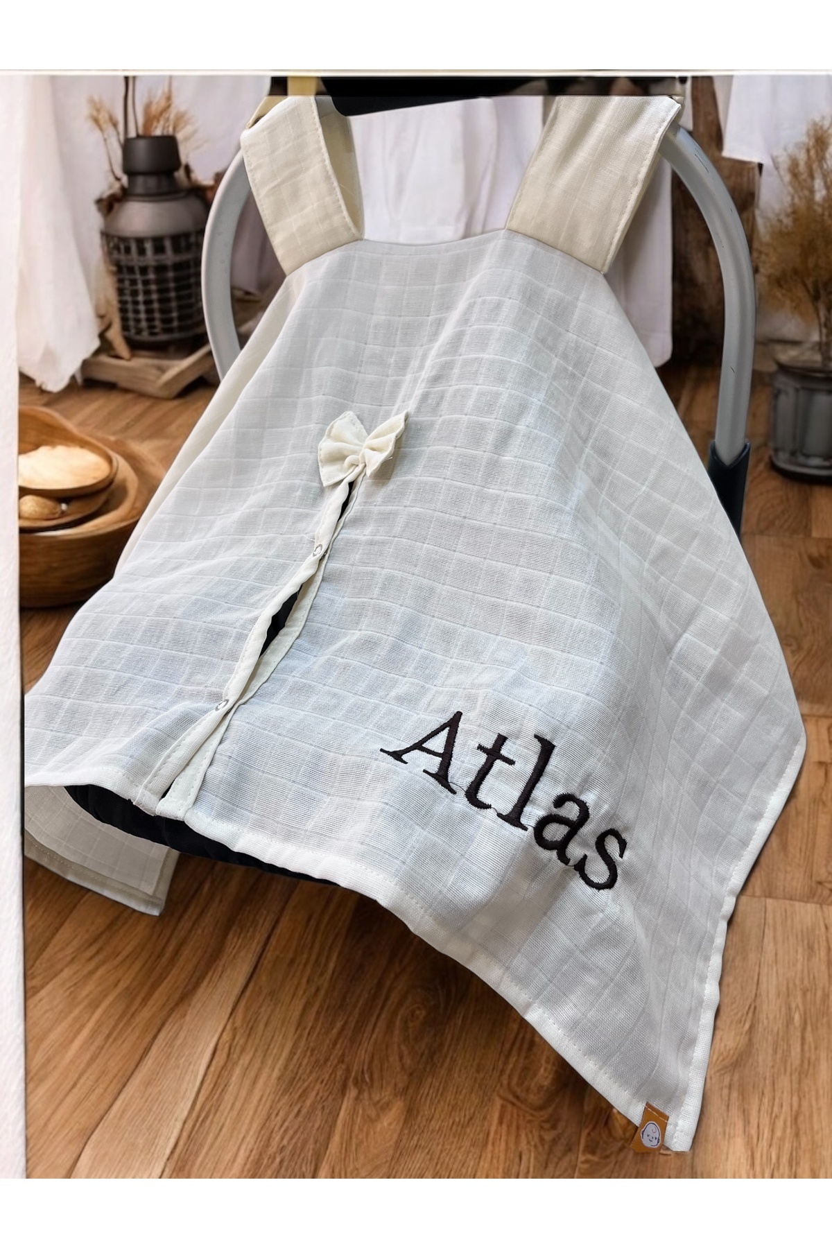 runbaby ( İsim Nakışlı )Tek Kat Müslin Kumaş Çıt Çıtlı Puset Örtüsü  75x100cm (Ekru)