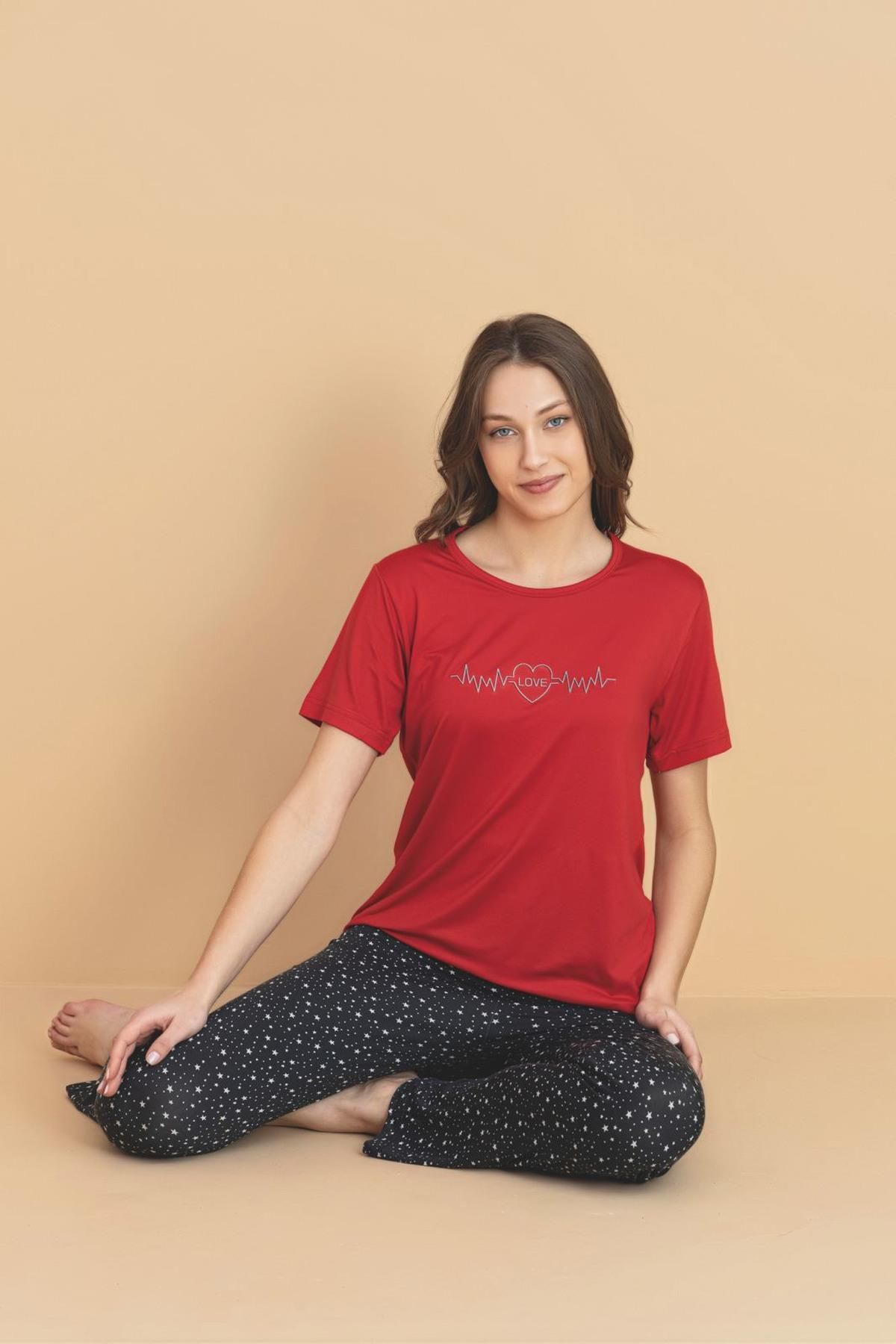 PİJAMERRY Pijamerry Kadın Bisiklet Yaka MİLAN Kumaş Likralı Kısa Kollu Pijama Takımı 5936 - 1 Adet