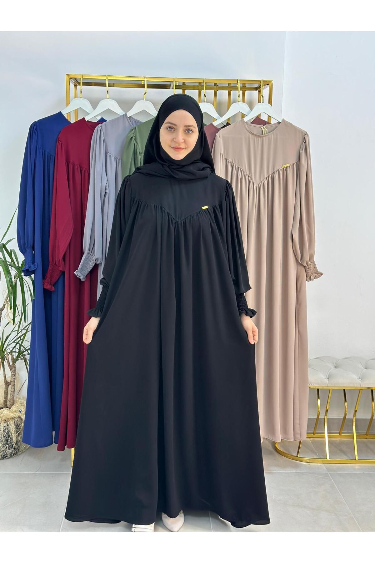 erasra class tesettür elbise,önü V model büzgülü,sufle esarpla takım.hijap ,khimar.hac umre için uygundur