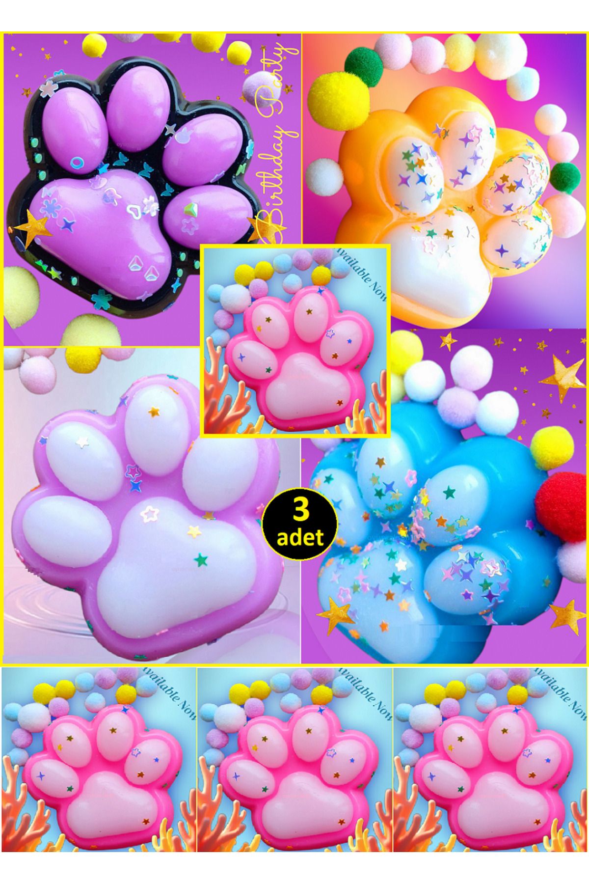 OYUNCAKSAHİLİ Fufu Squishy Pinch Kedi Patisi Tam 3 Adet Simli Boncuklar Sukuşi Uzayan Oyuncak Kedi Pati Esnek