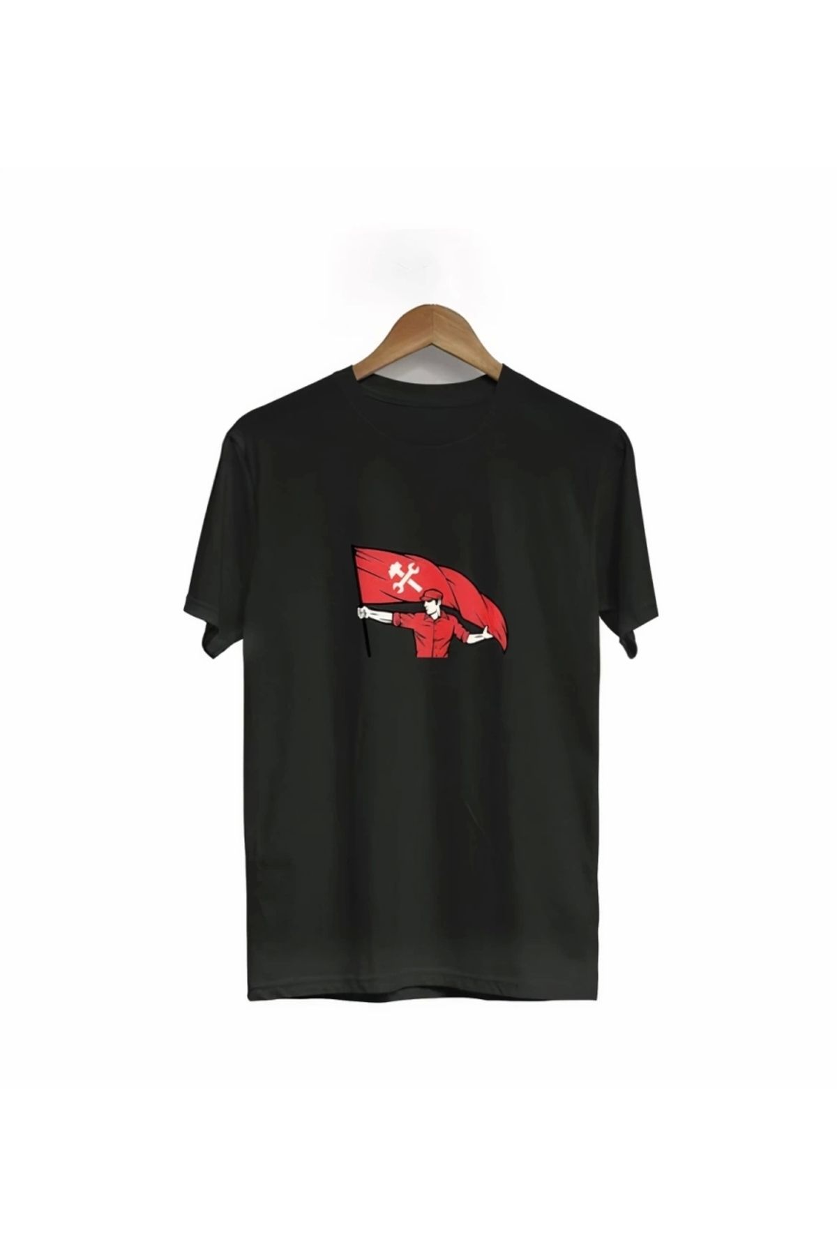 Kaplan 1 Mayıs Emekçilerimiz İçin Özel Tasarım Bayraklı Emekçi Baskılı T-shirt - Siyah