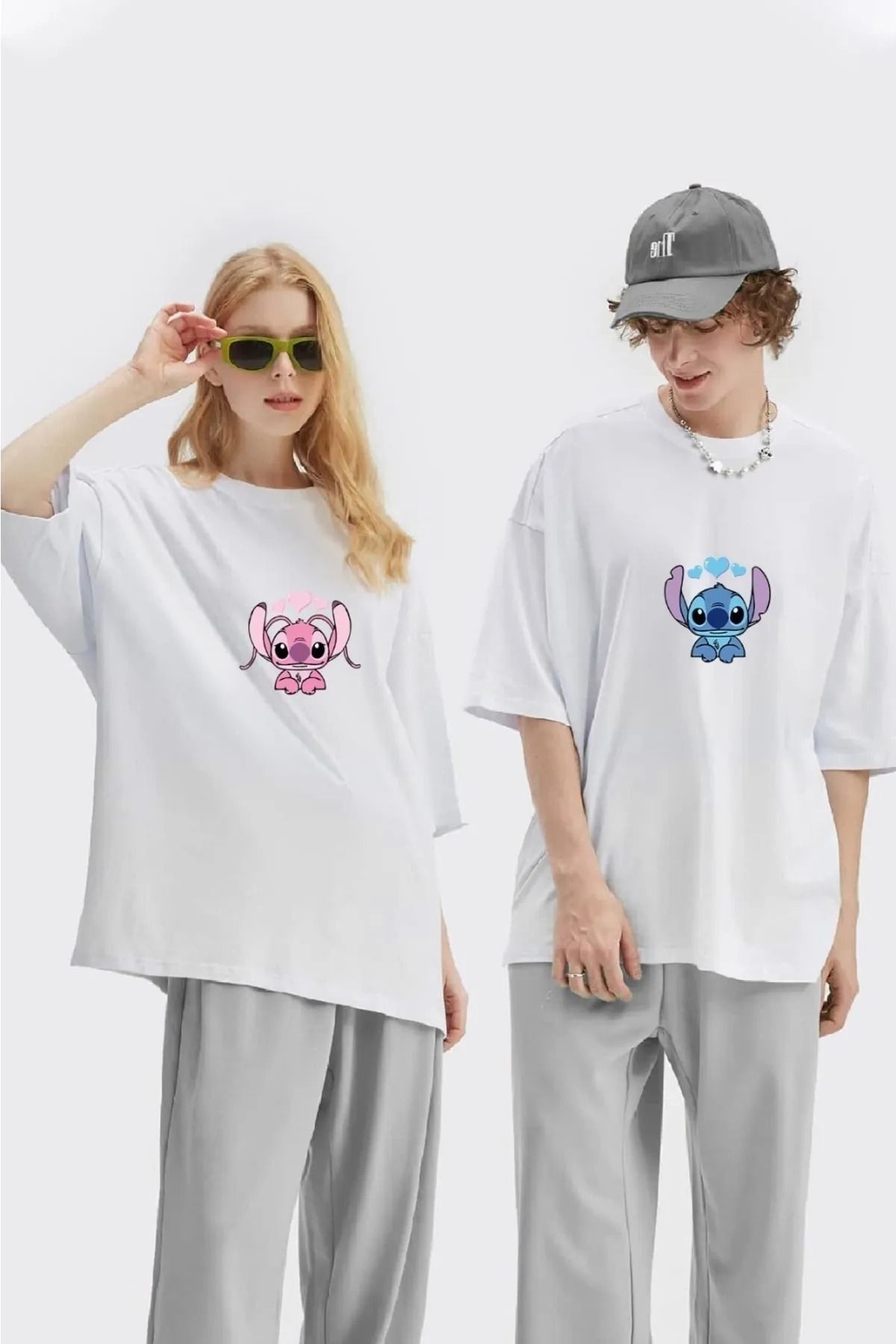 FULL TOLERANCE YD DESİNG Lilo Ve Angel Stitch Baskılı Sevgili Çift Kombini Tasarım Oversize T-shirt 2'li Set