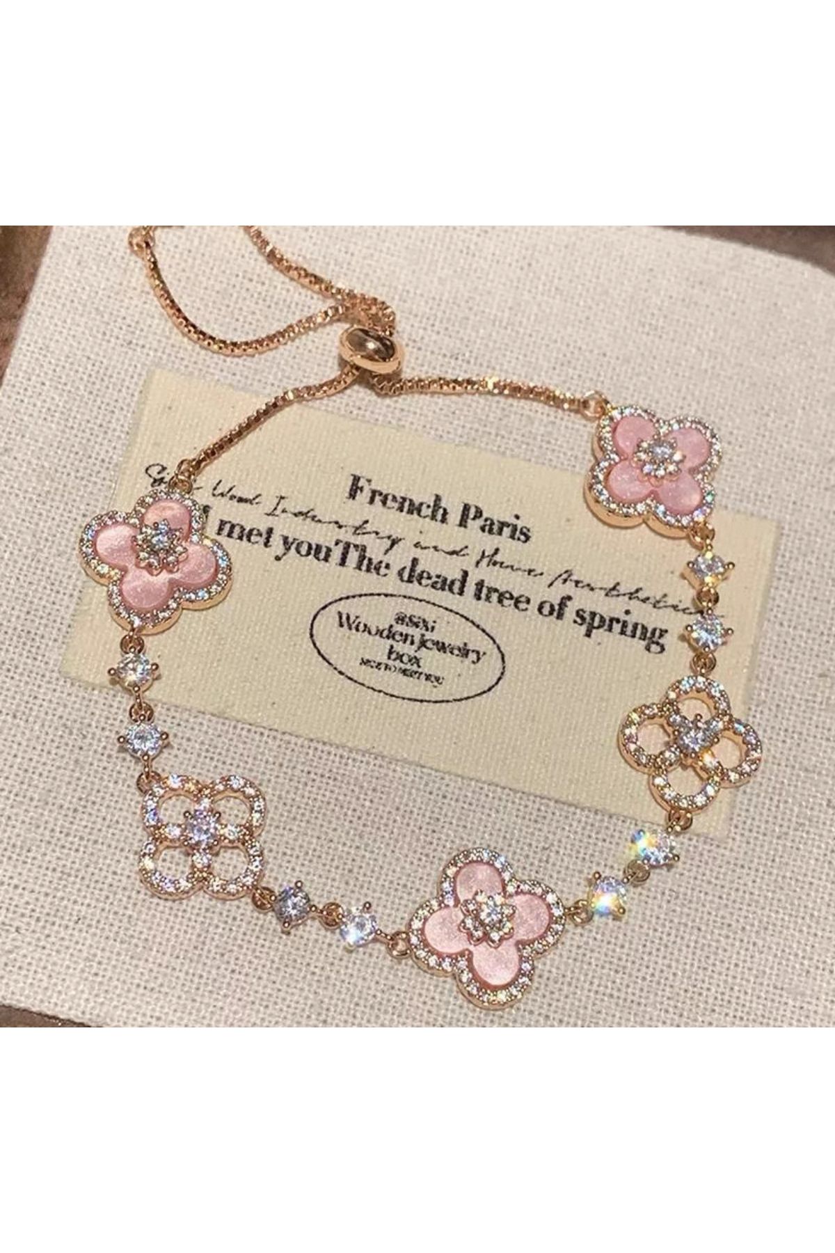 Harlofia Jewelry Pembe Yonca Şekilli Asansörlü Pink Cleef Bileklik