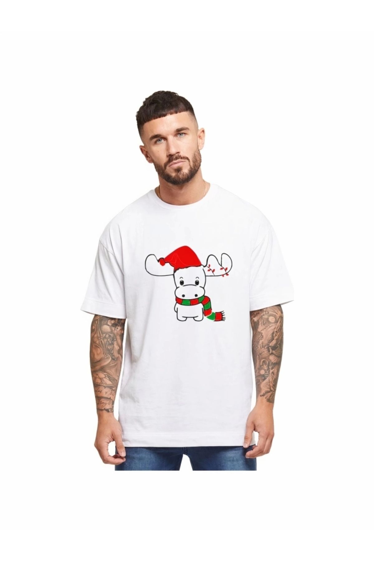Kaplan Ren Geyiği Baskılı Noel İçin T-shirt - Beyaz