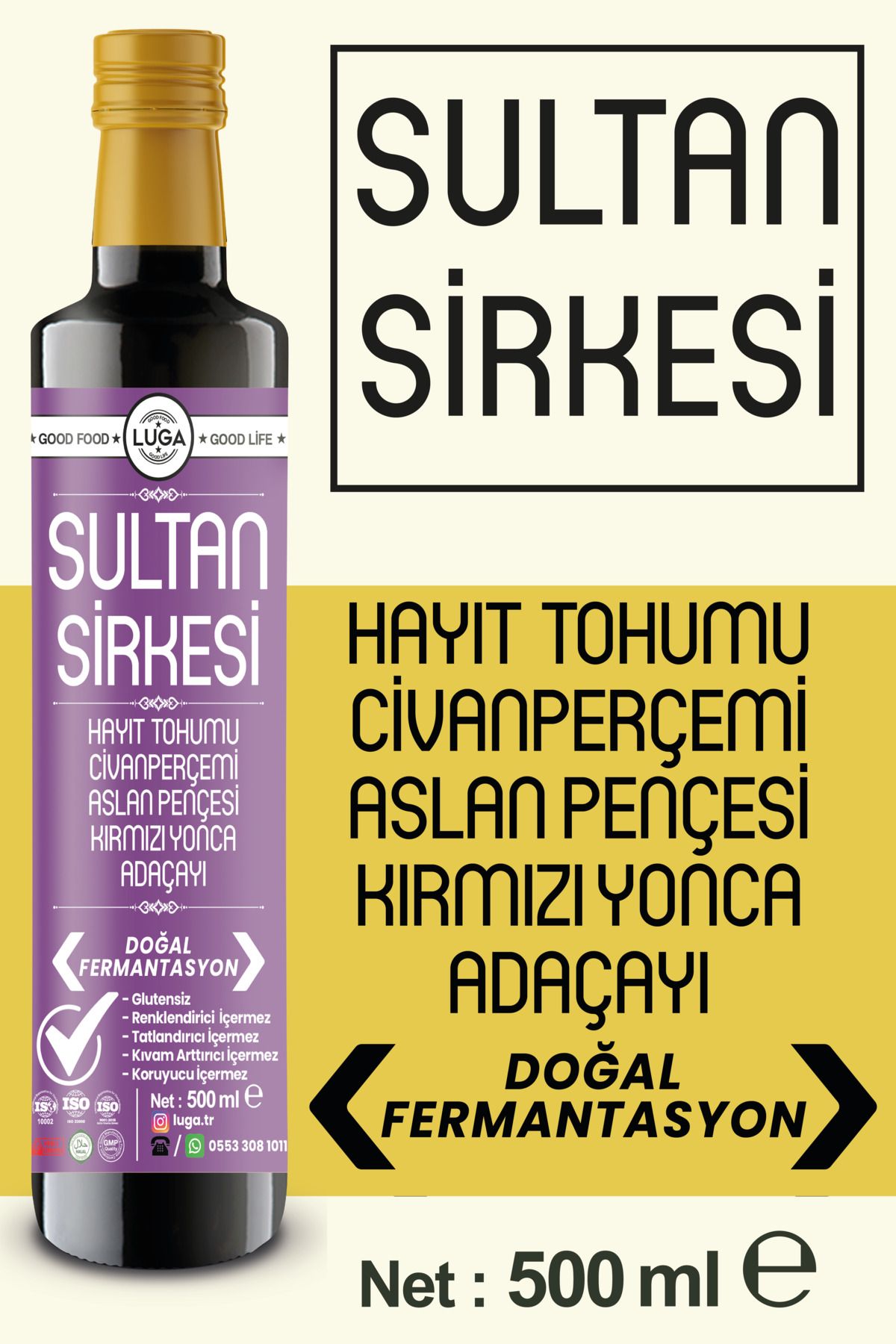 Luga Sultan Sirkesi 500 ml - Doğal Fermantasyon, Katkısız, Glutensiz, Koruyucu İçermez