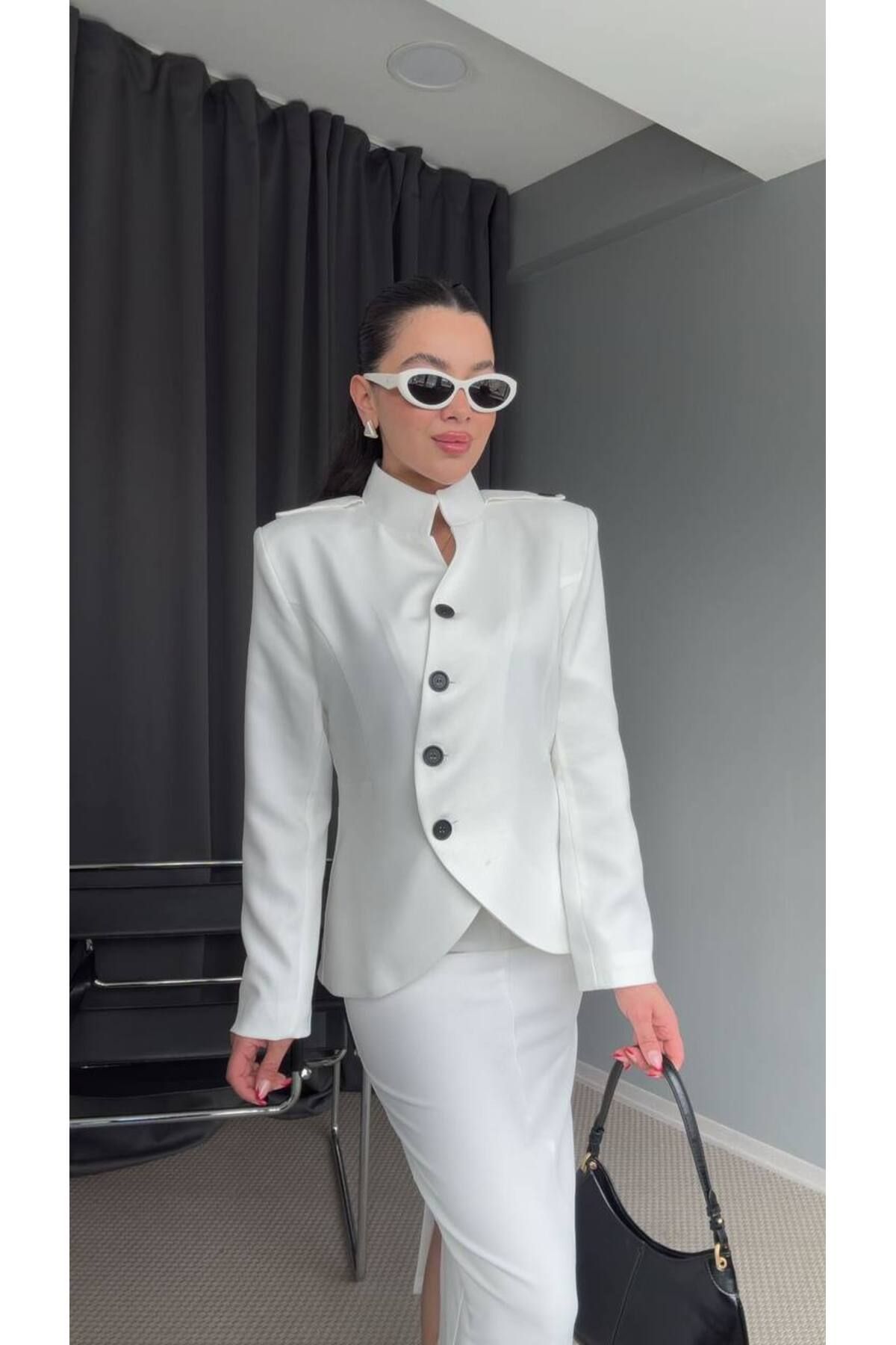 MODAGK Kadın Ikili Tasarım Blazer Ceket Etek Takım