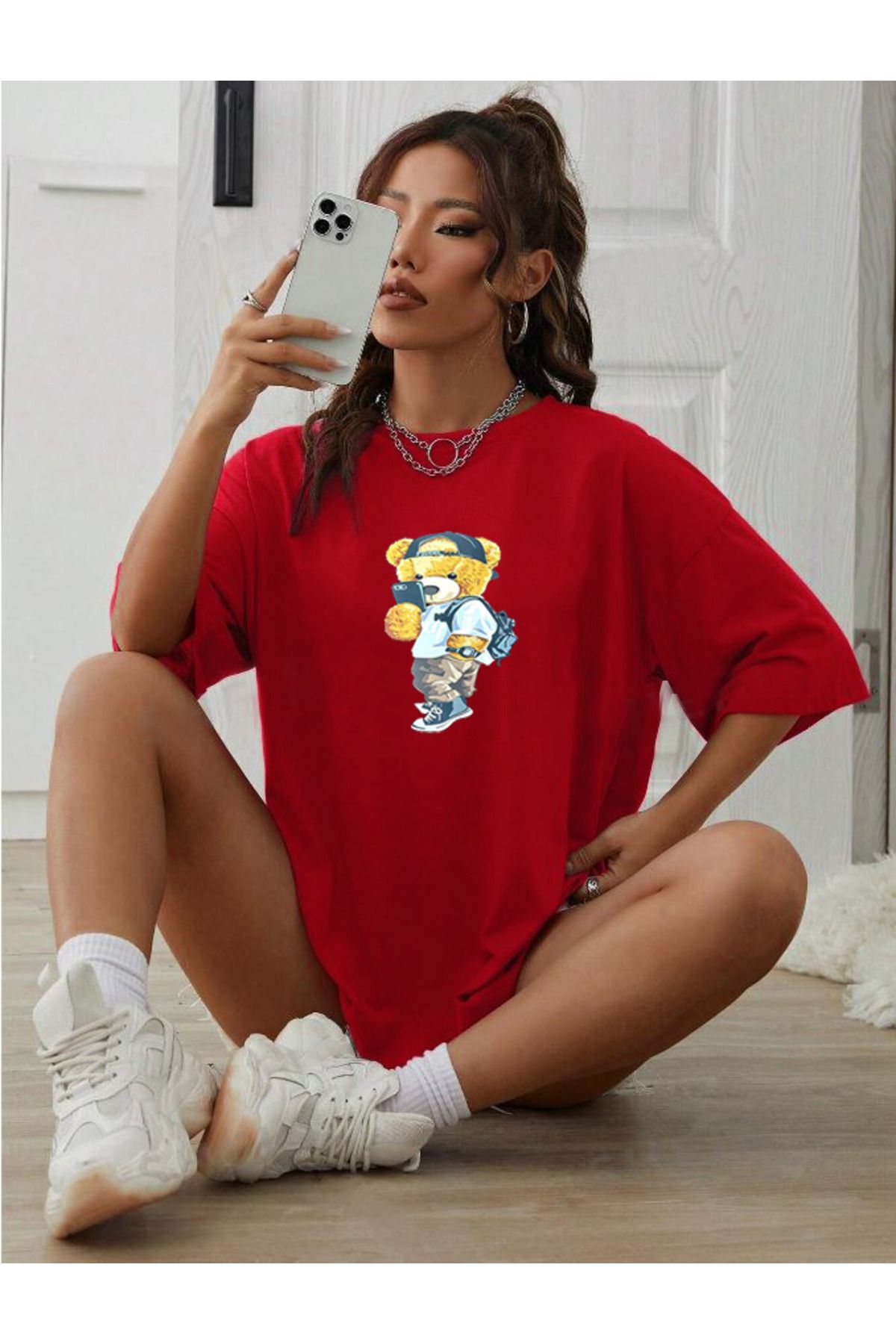 ModaSphere Unisex Peluş Ayı Baskılı Bisiklet Yaka Tshirt