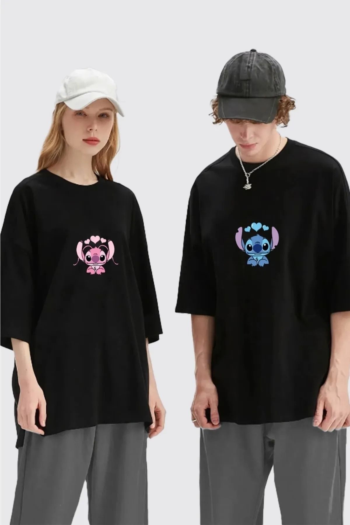 FULL TOLERANCE YD DESİNG Lilo Ve Angel Stitch Baskılı Sevgili Çift Kombini Tasarım Oversize T-shirt 2'li Set