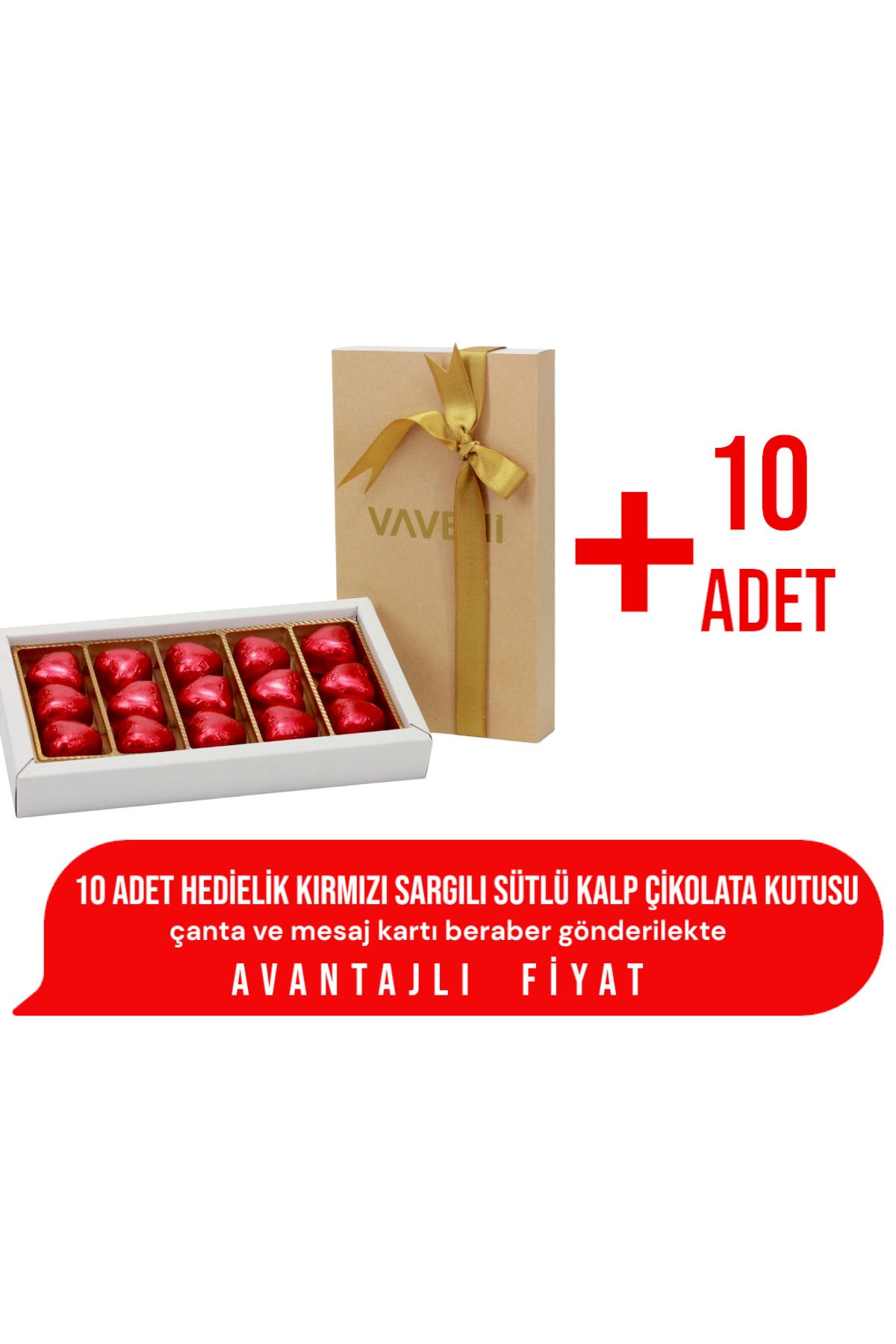VAVENİ 10 Adet Kırmızı Kalp Kutu Çikolata