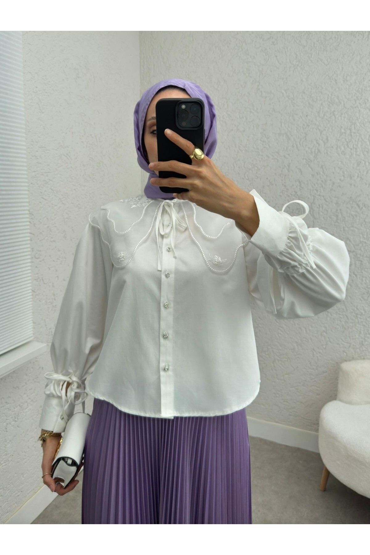 HİJABAYA Organze Yaka Kolu Bağlama Detaylı Gömlek