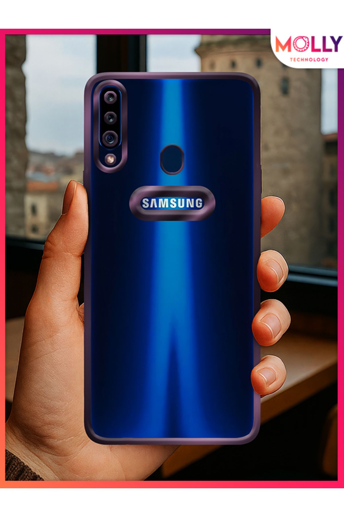 Molly Samsung Galaxy A20s İçin Kenarları Derin Mor Lens Koruyuculu Lou Lazer Şeffaf Silikon Kılıf