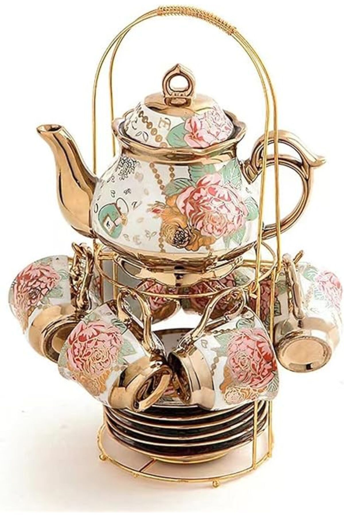 ALBARSHA THE WHITE SHOP 13 Parça Altın Kaplama Kırmızı Gül Seramik Vintage Çay Takımı