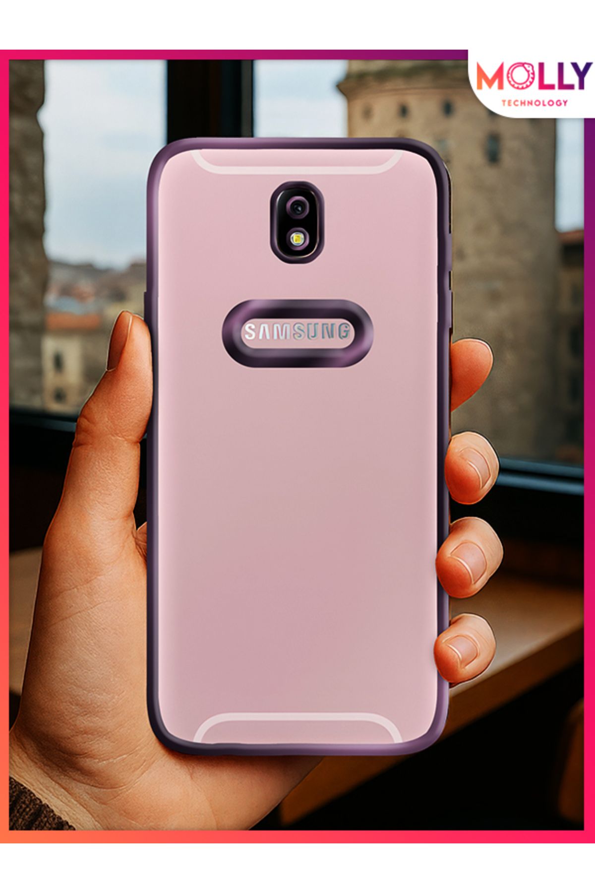 Molly Samsung Galaxy J7 PRO İçin Kenarları Derin Mor Lens Koruyuculu Lou Lazer Şeffaf Silikon Kılıf