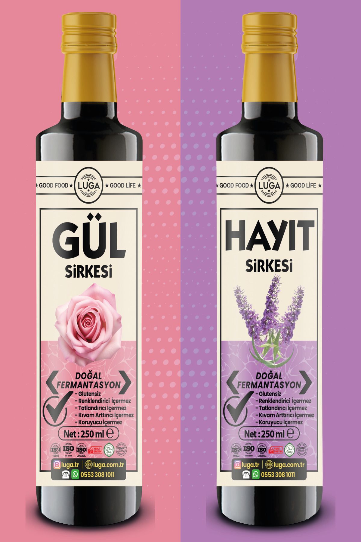 Luga Gül Sirkesi 250 ml + Hayıt Sirkesi 250 ml - 2 li Set Doğal Fermantasyon, Katkısız, Glutensiz,