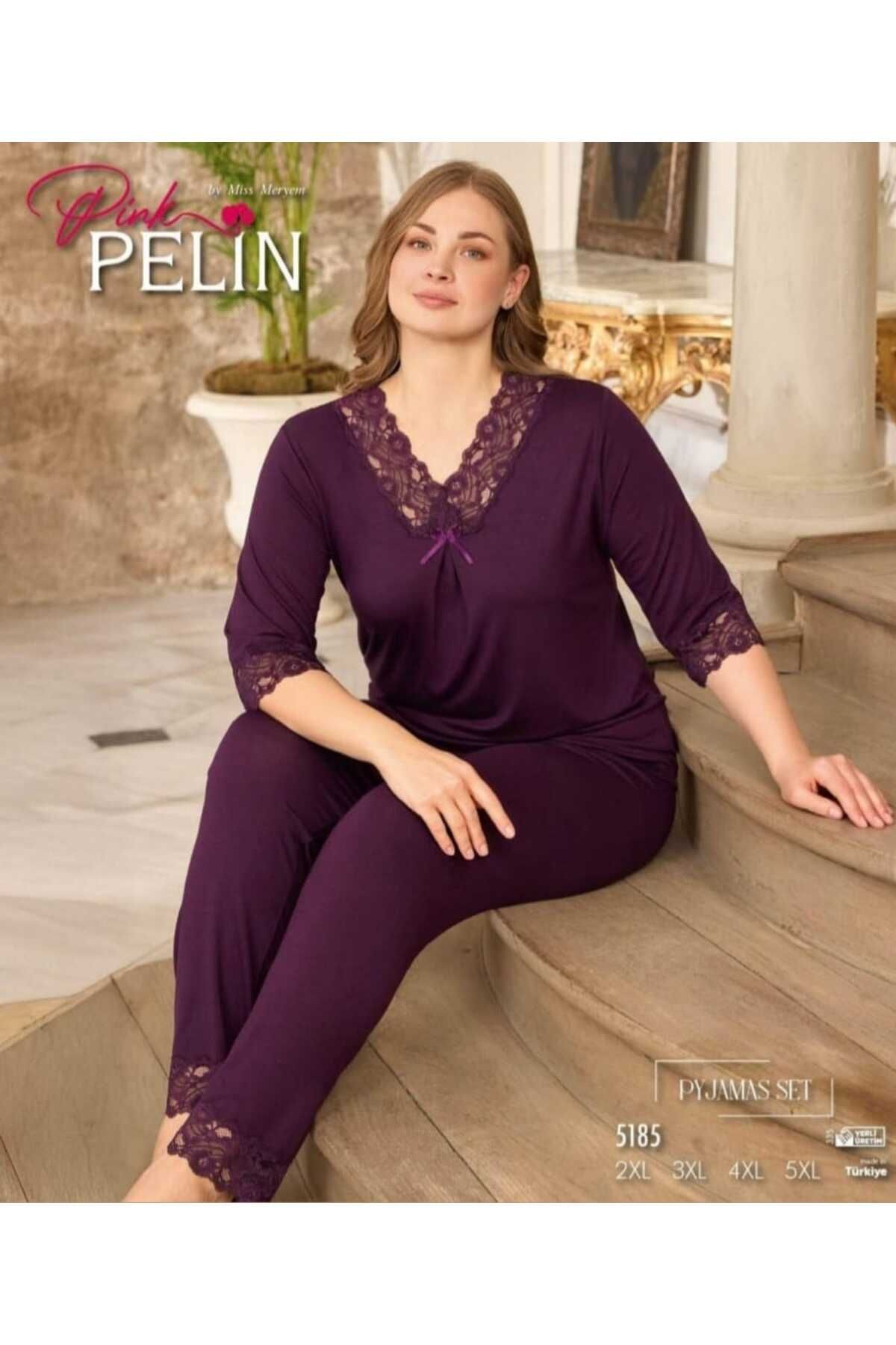 Azra Büyük Beden Mürdüm Dantel Detaylı Dirsek Kol Kadın Pijama Takımı