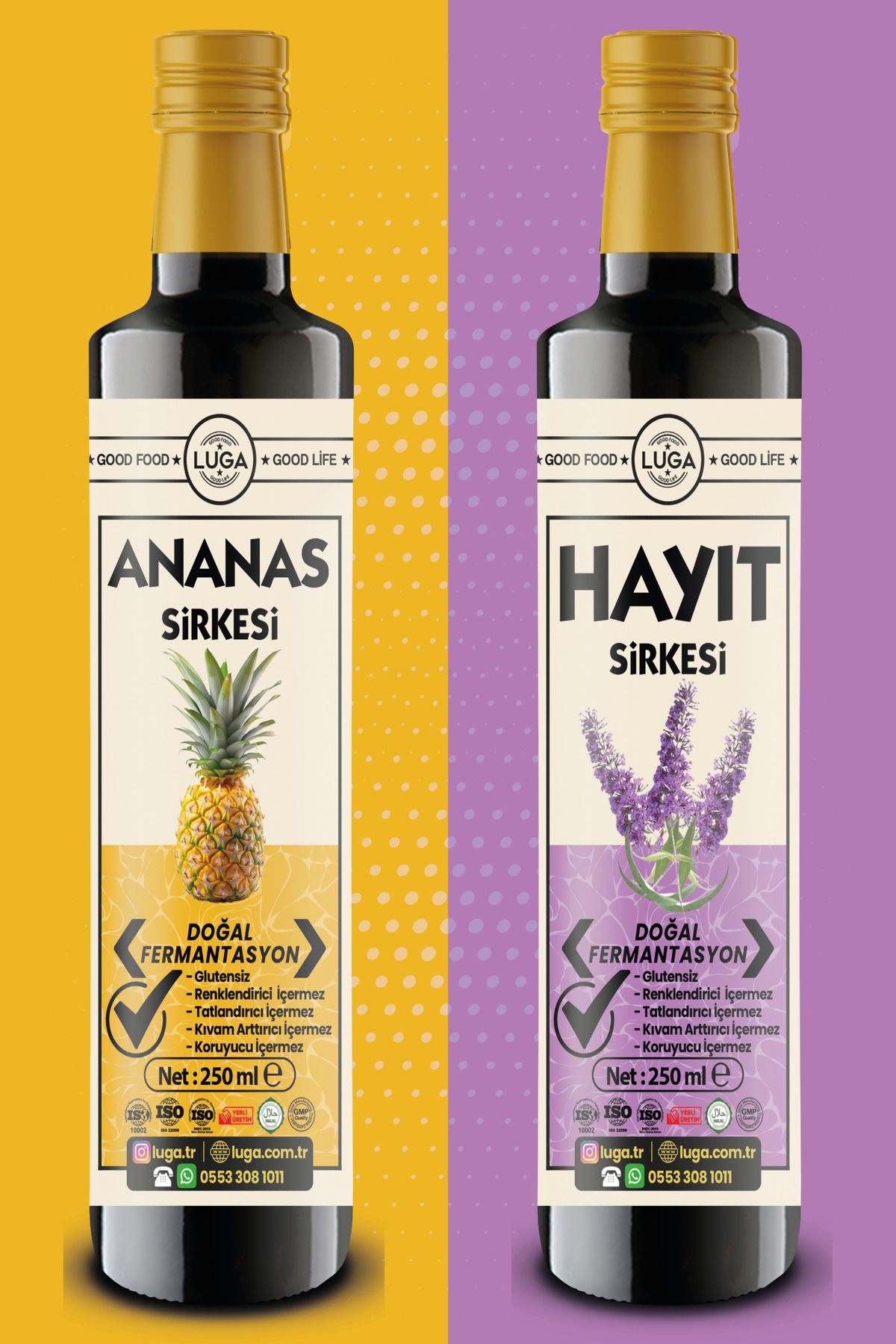 Luga Ananas Sirkesi 250 ml + Hayıt Sirkesi 250 ml - 2 li Set Doğal Fermantasyon, Katkısız, Glutensiz,