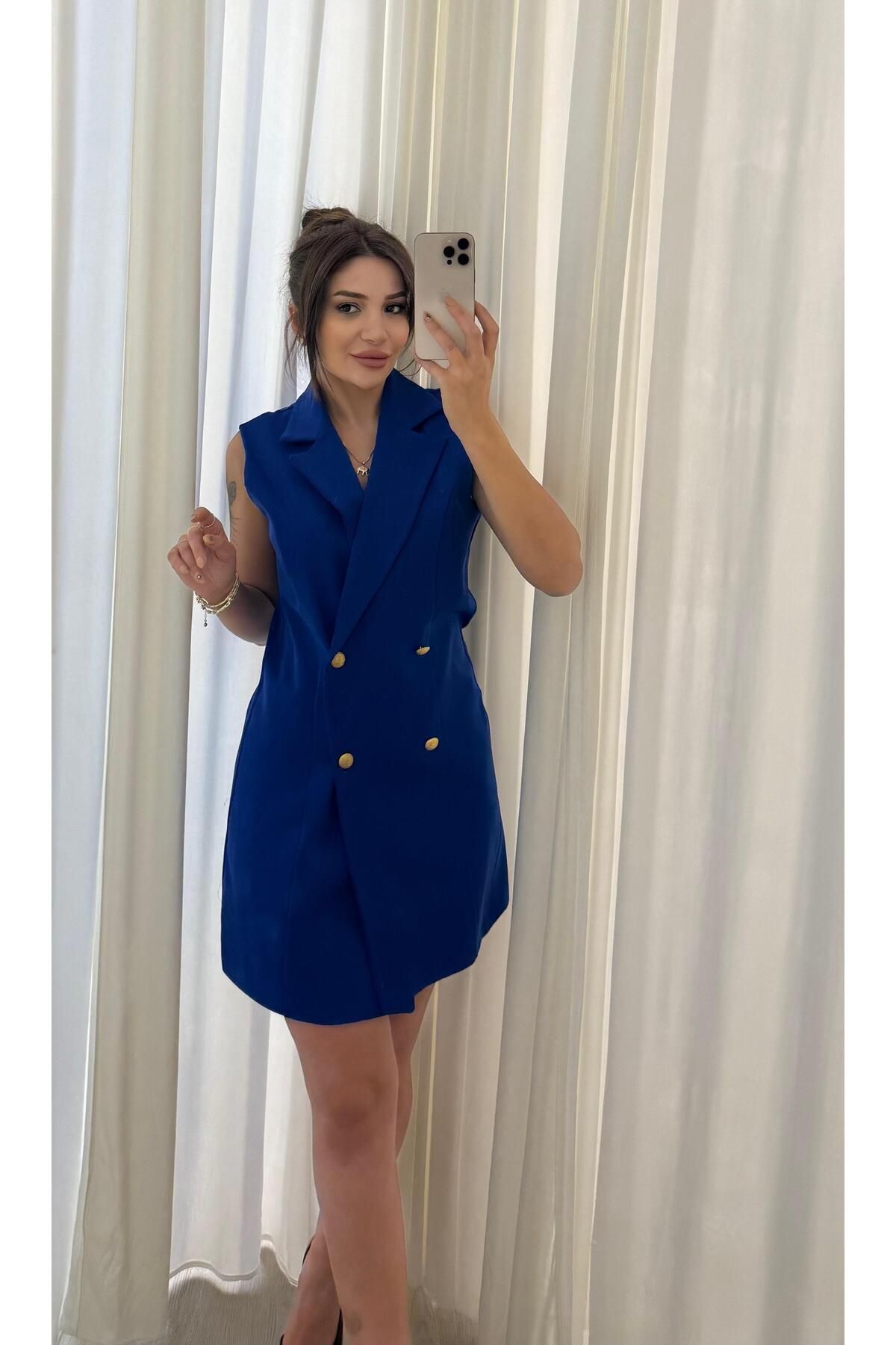 Daves Slim Fit Rahat Kolsuz Double Crep Kumaş Elbise -Mavi