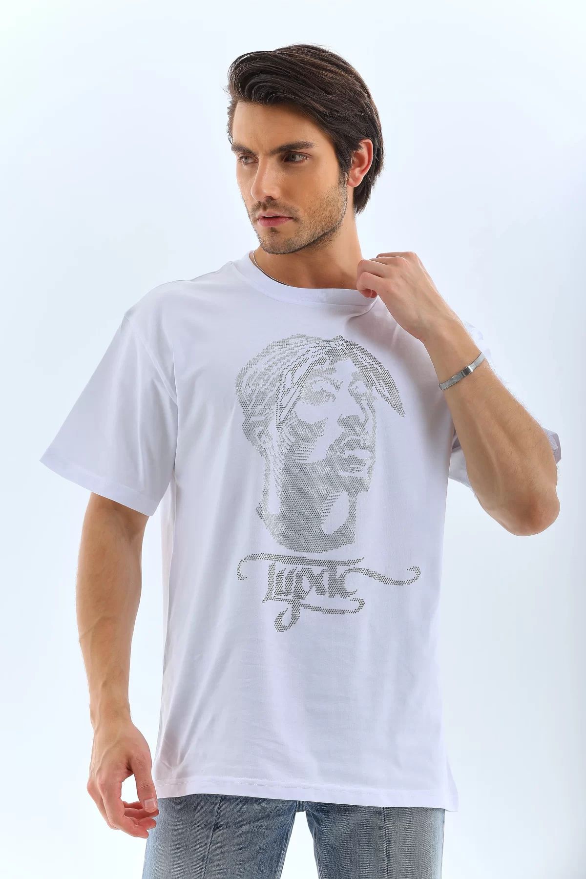 İndigo Park Tişört erkek Unisex Oversize Taşlı Bisiklet Yaka T-Shirt