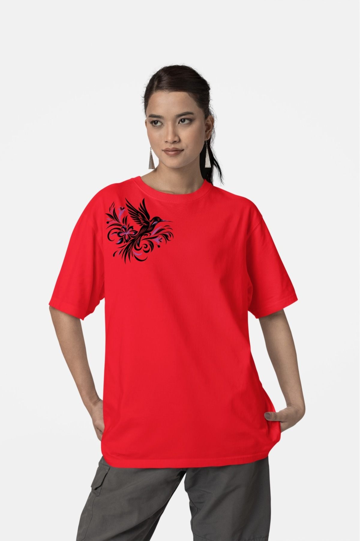 Butik %100 PAMUK KIZ/KADIN -KUŞ- TRANSFER BASKILI YUVARLAK YAKA KISA KOL TİŞÖRT