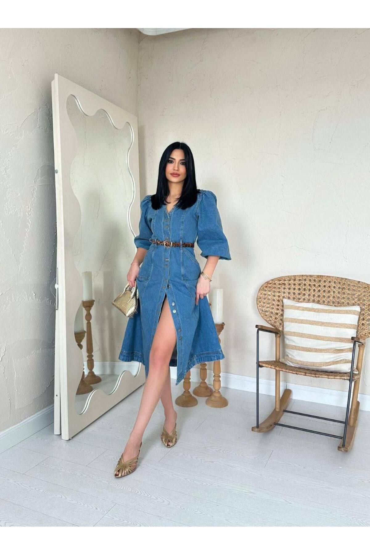 Castivo Fashion V Yaka Düğmeli Balon Kol Denim Elbise