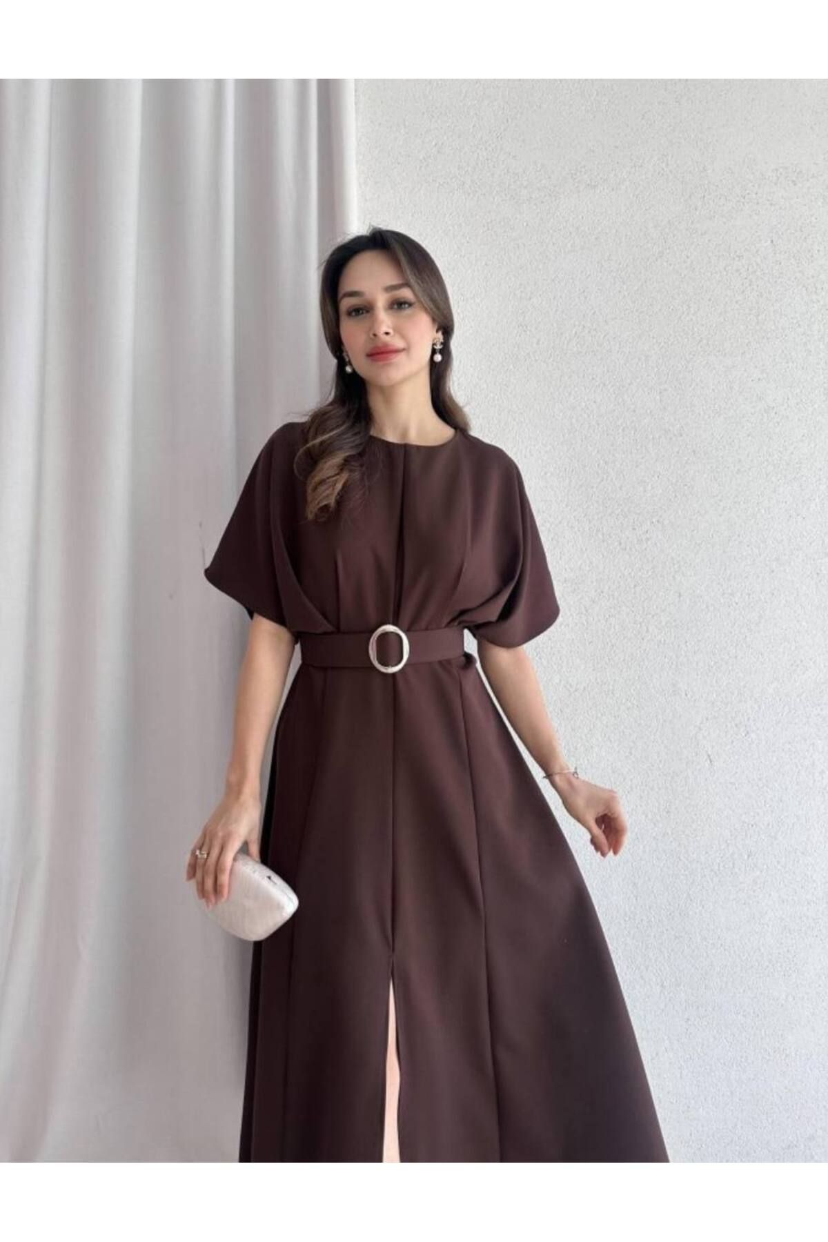 Ahzem Collection Yarasa Kol Midi Elbise kemer dahil