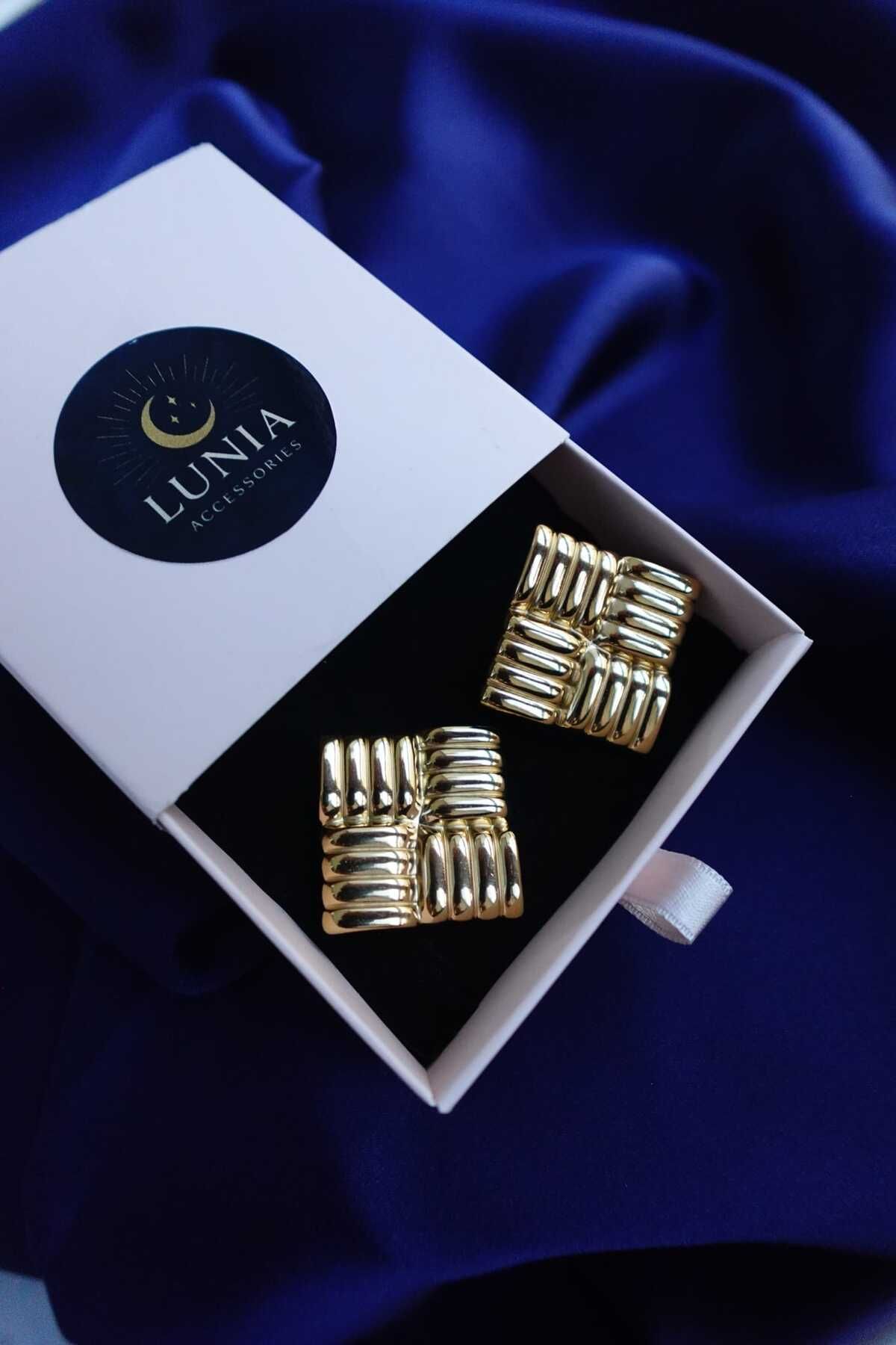 Lunia accessories Bombeli Desten Çelik Kare Küpe