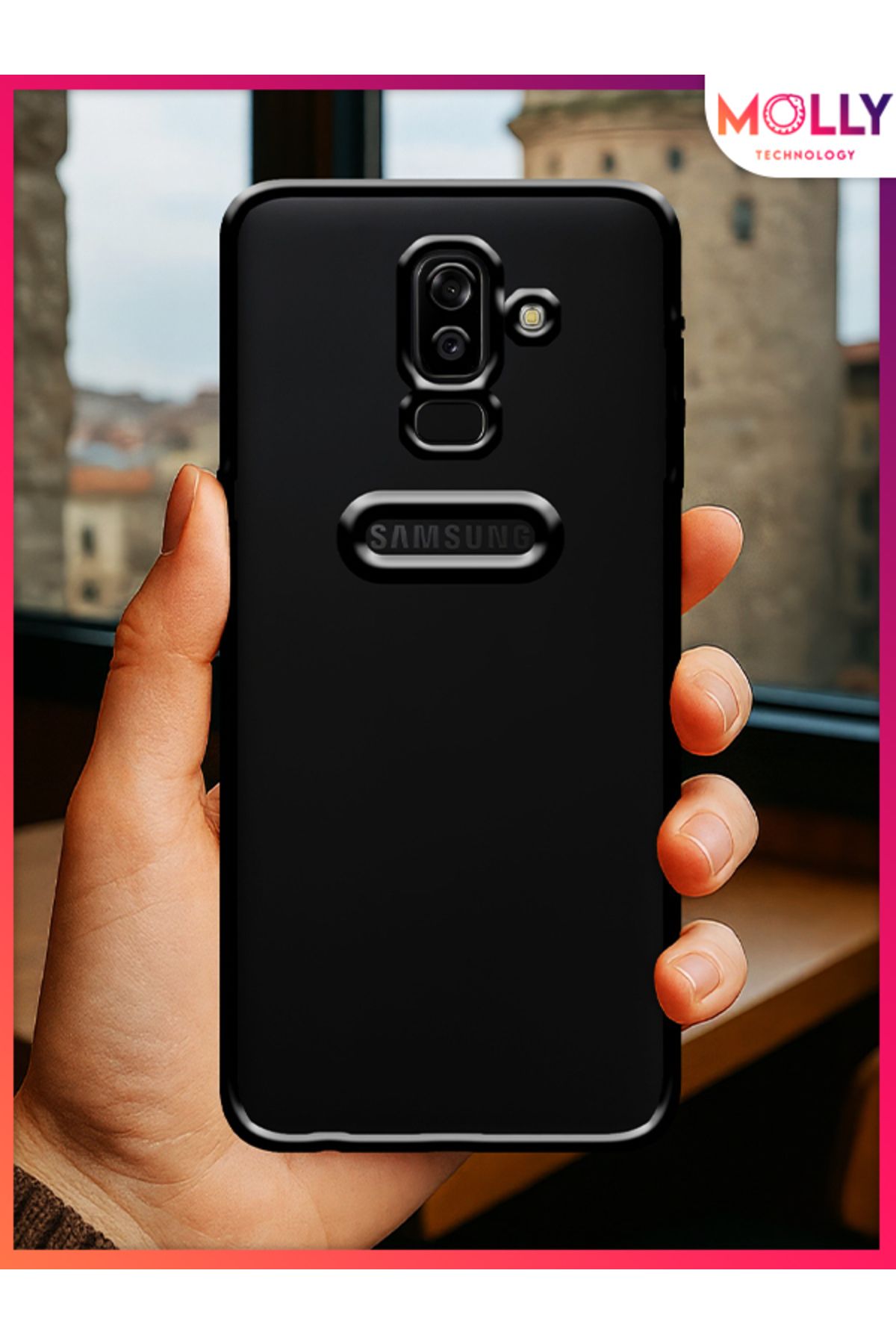 Molly Samsung Galaxy J8 İçin Kenarları Siyah Lens Koruyuculu Lou Lazer Şeffaf Silikon Kılıf