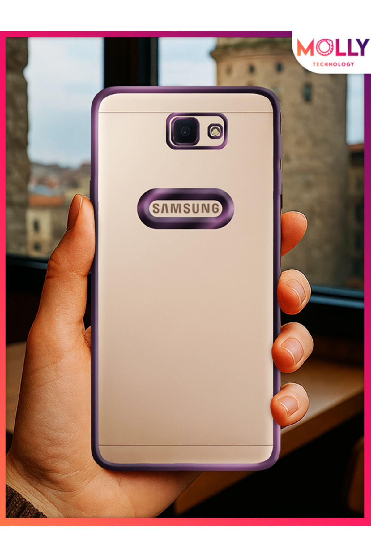 Molly Samsung Galaxy J7 Prime İçin Kenarları Derin Mor Lens Koruyuculu Lou Lazer Şeffaf Silikon Kılıf