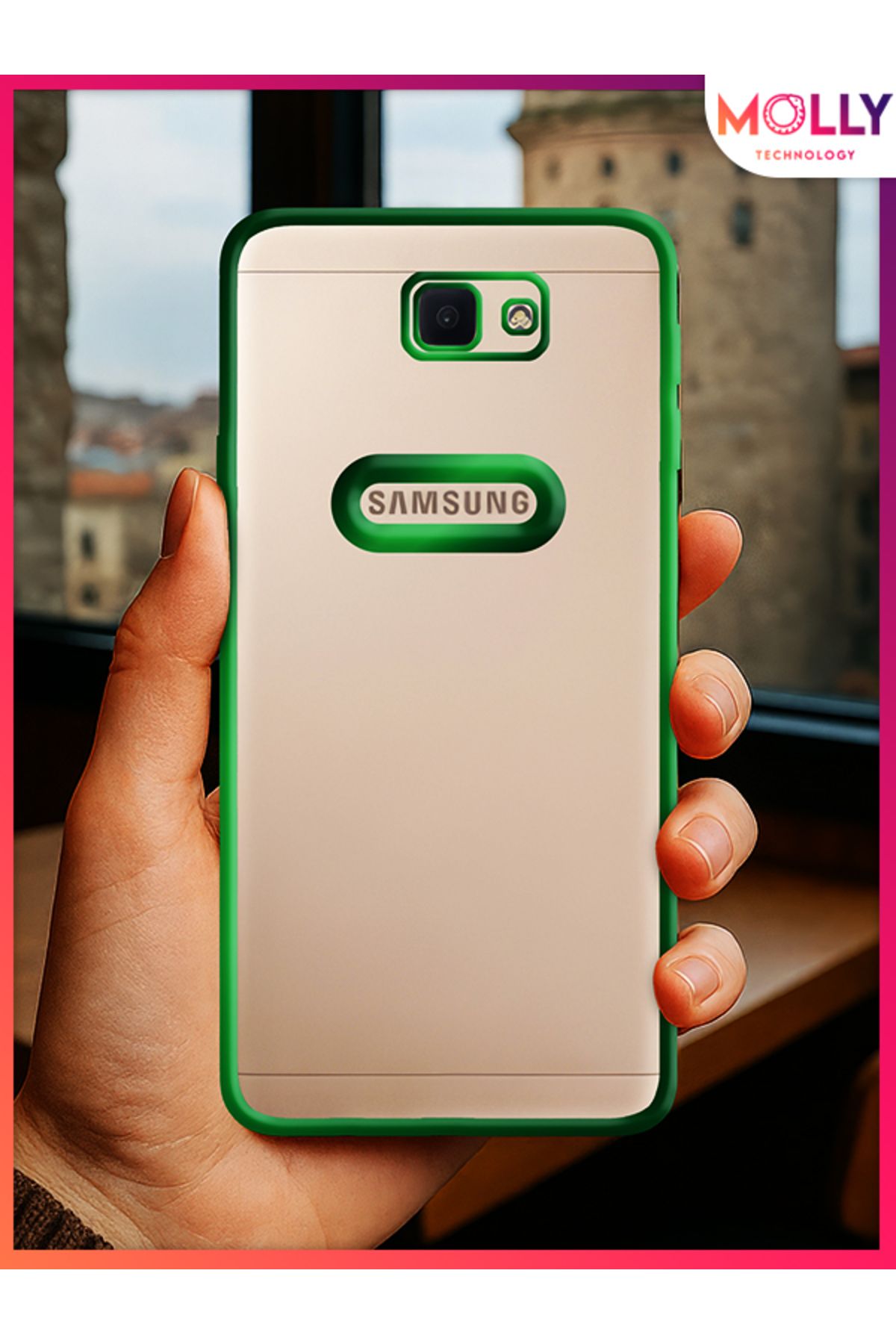 Molly Samsung Galaxy J7 Prime İçin Kenarları Zehir Yeşili Lens Koruyuculu Lou Lazer Şeffaf Silikon Kılıf